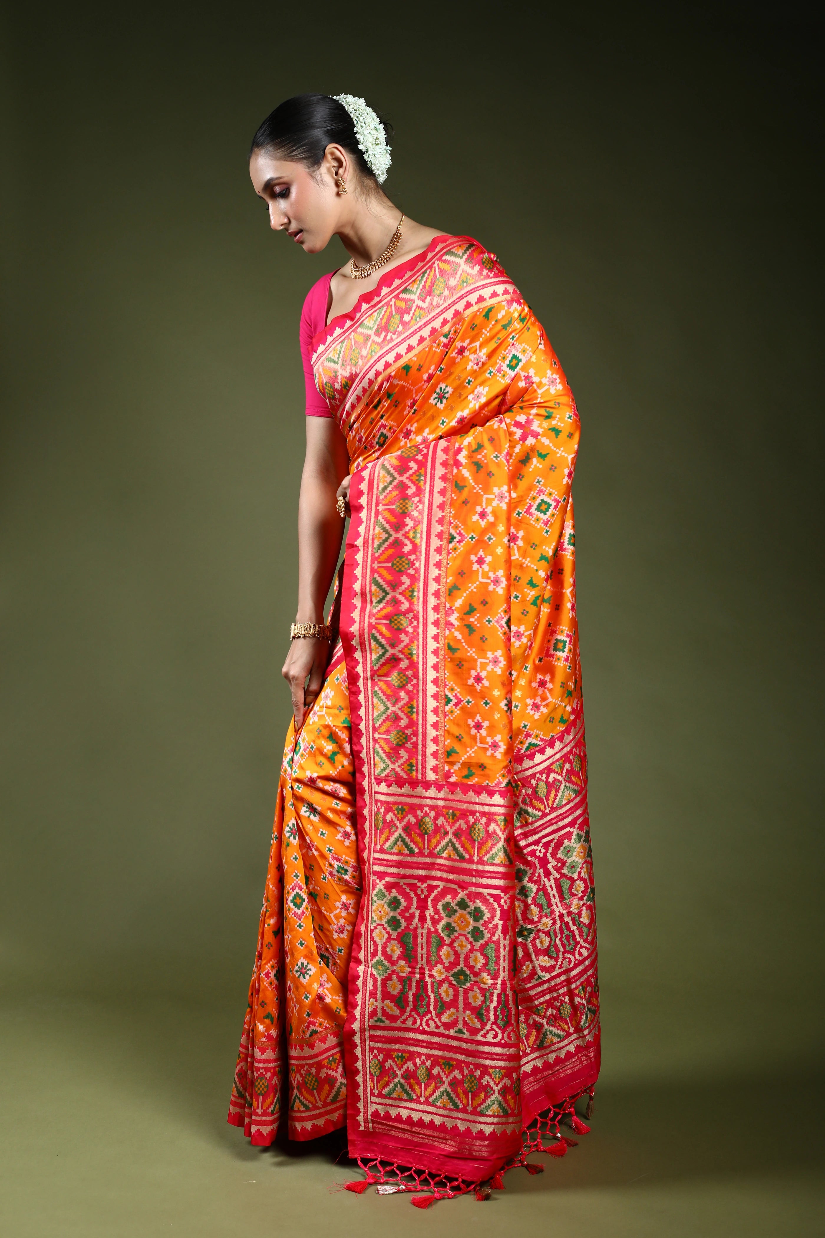 Turmeric Yellow Semi Patola Saree With Blouse Piece