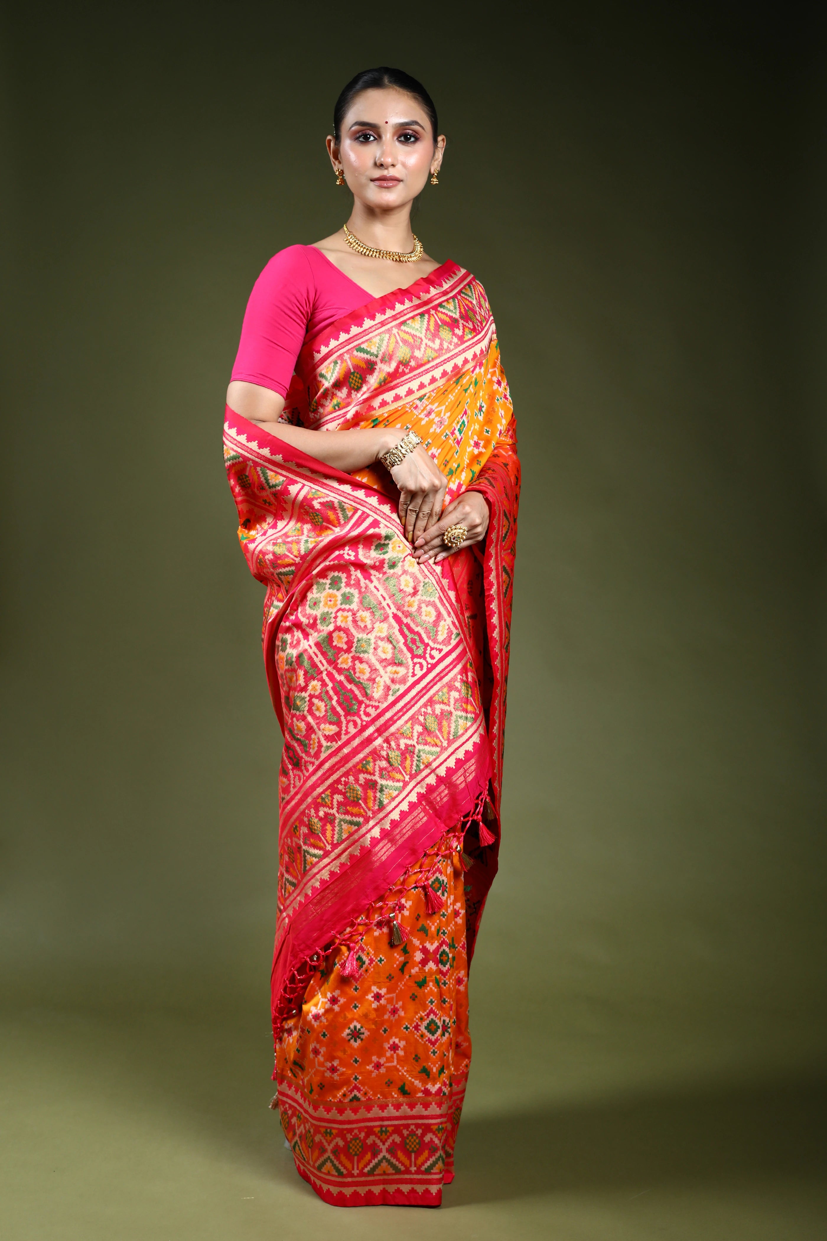 Turmeric Yellow Semi Patola Saree With Blouse Piece