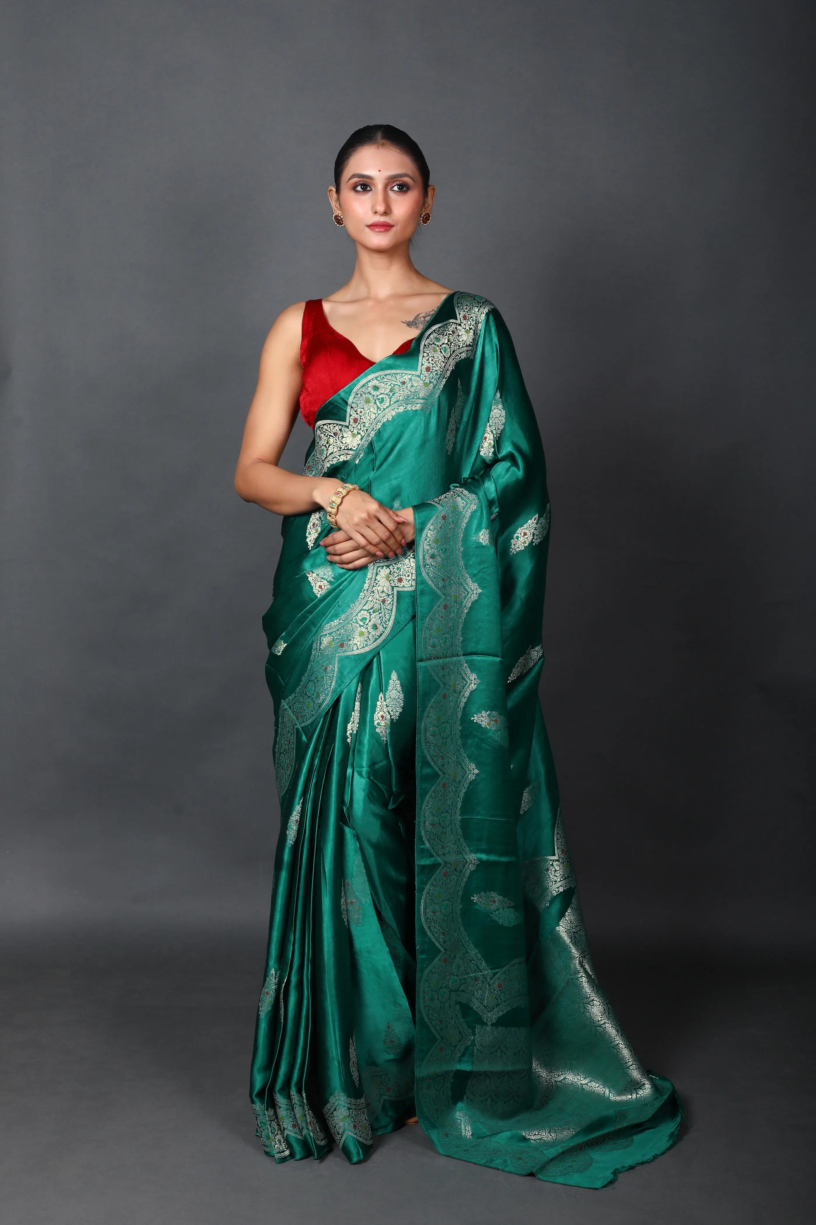 Teal Green Semi Mashru Saree With Blouse Piece