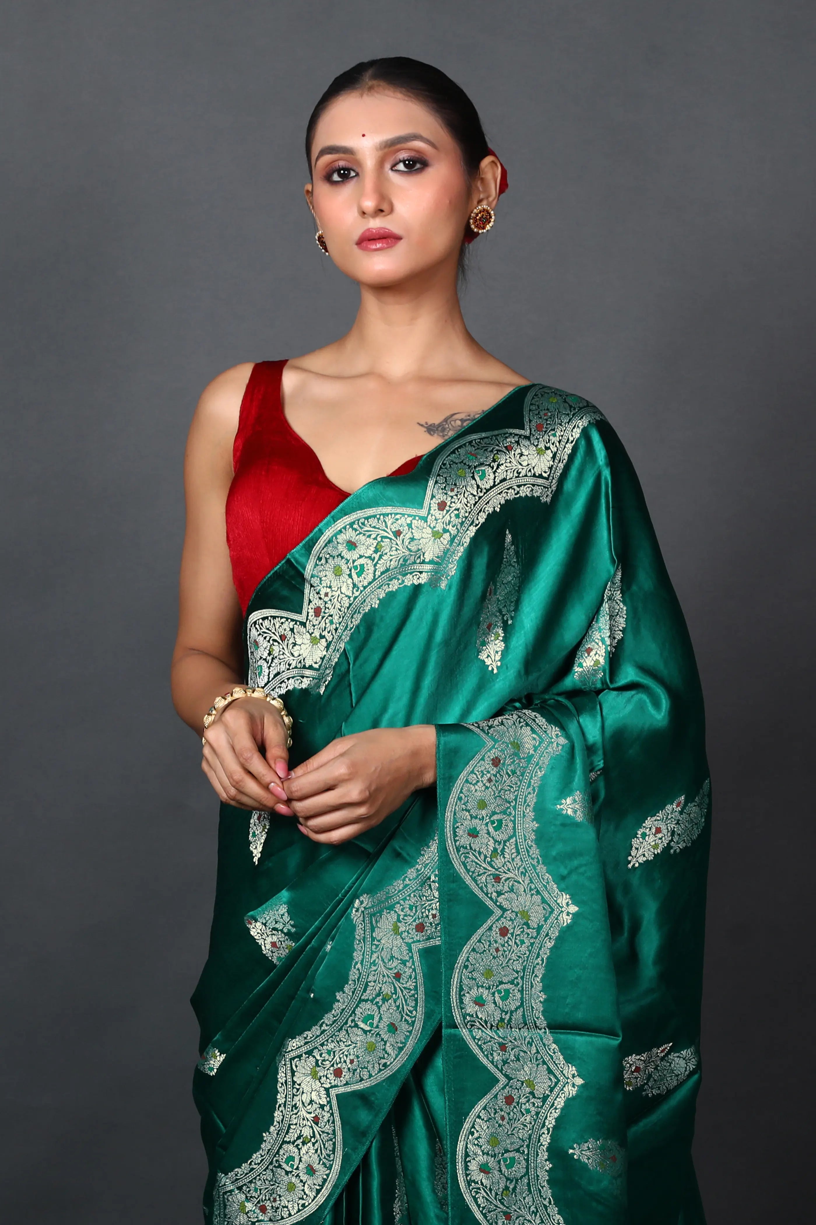 Teal Green Semi Mashru Saree With Blouse Piece