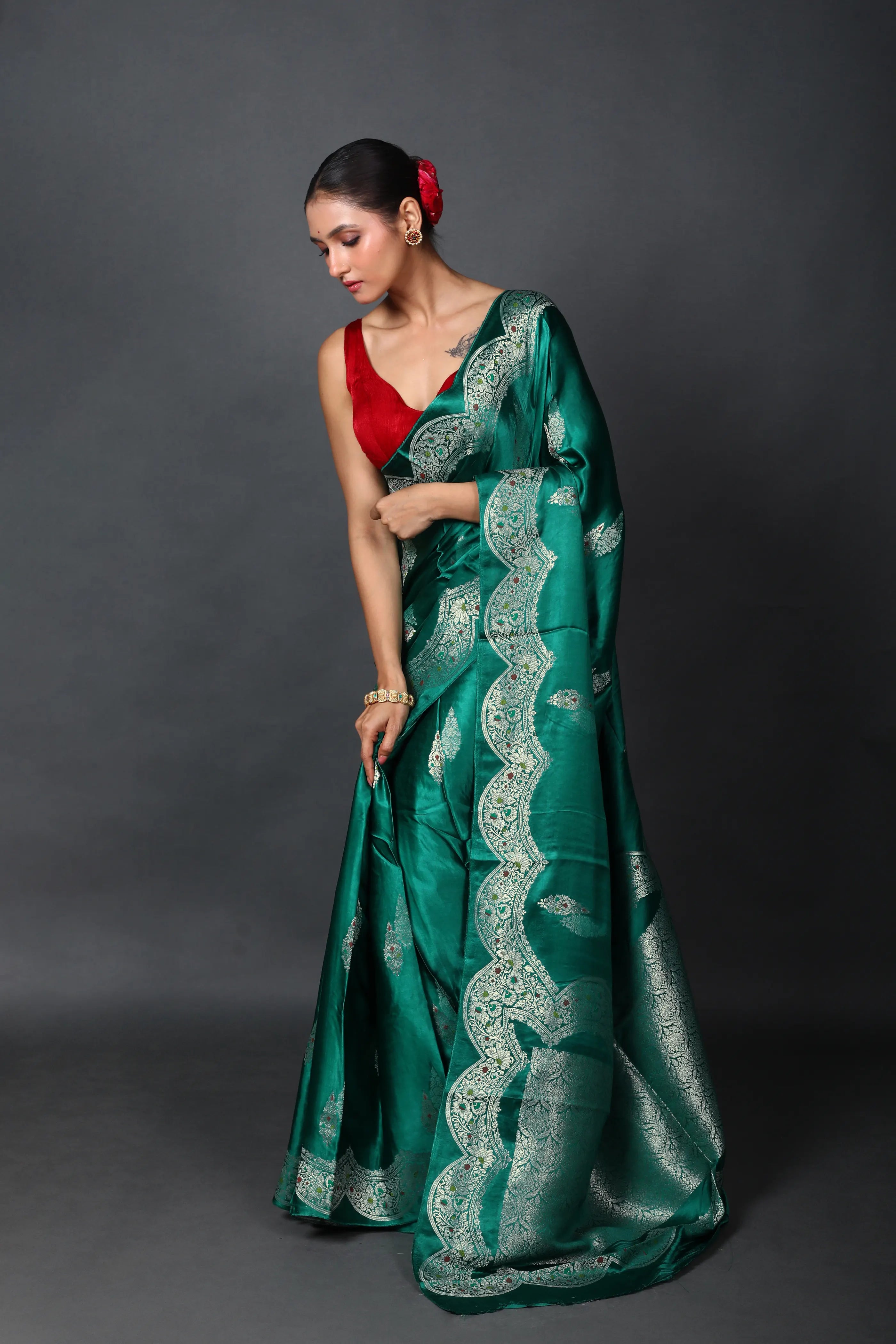 Teal Green Semi Mashru Saree With Blouse Piece