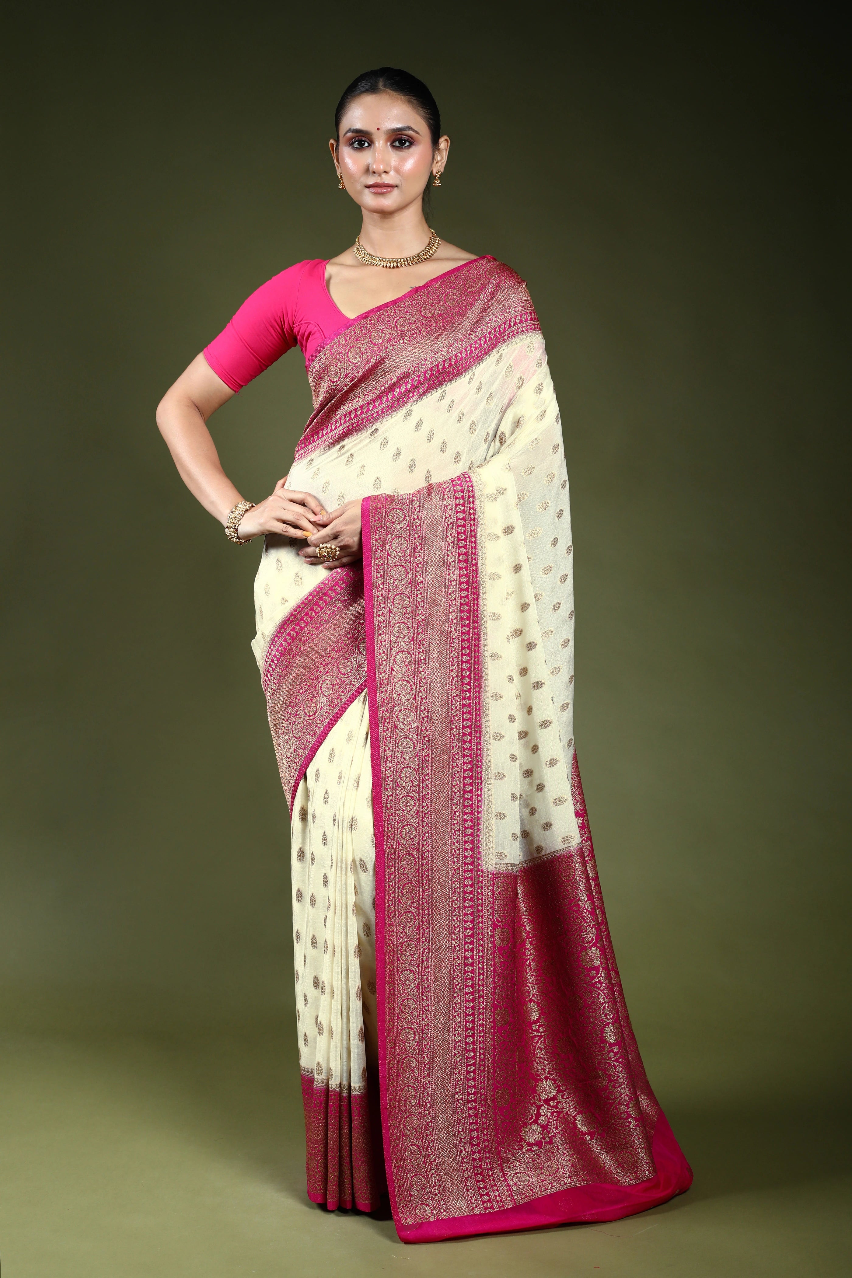 Offwhite Semi Chiffon Banarasi Saree With Blouse Piece