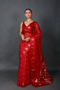 Red Blended Kora Banarasi Saree With Blouse Piece