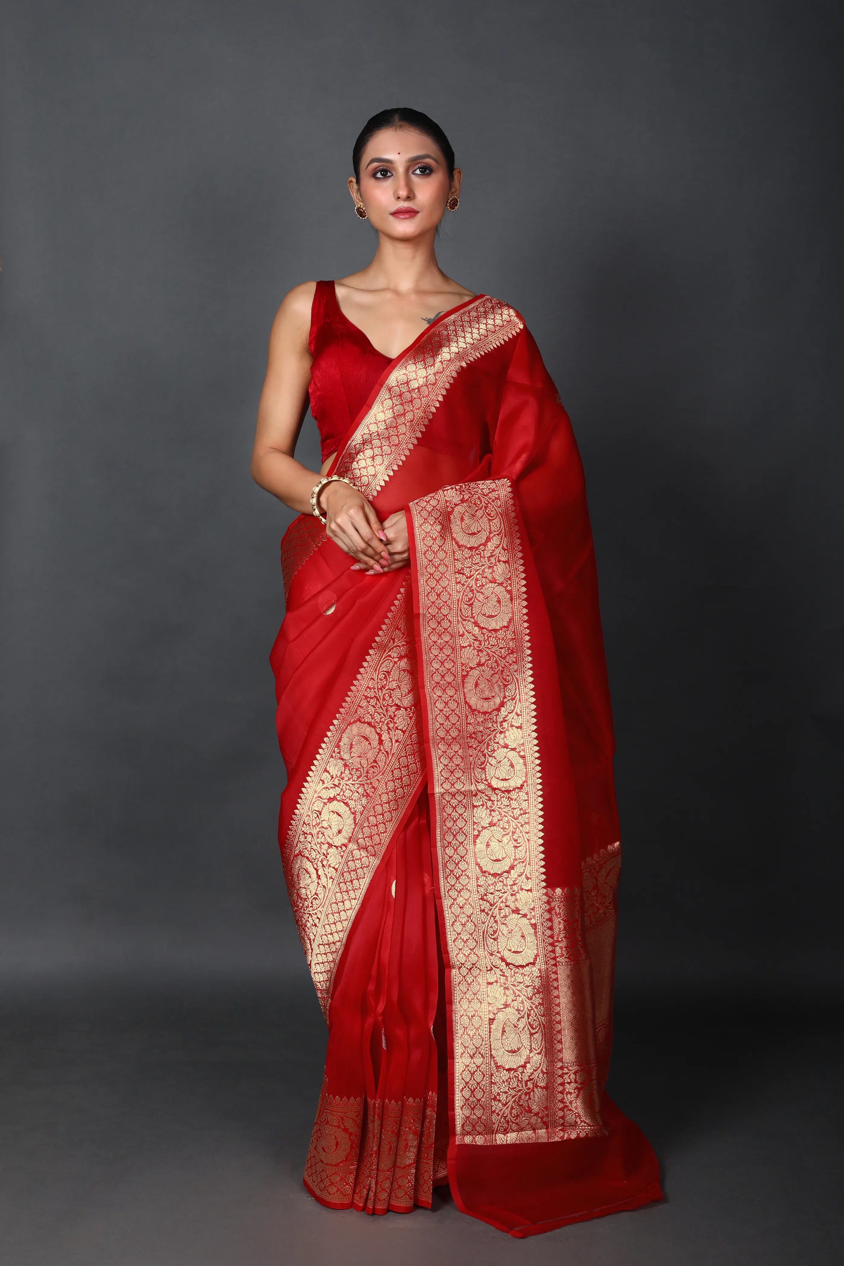 Red Chand Tara Kora Banarasi Saree With Blouse Piece