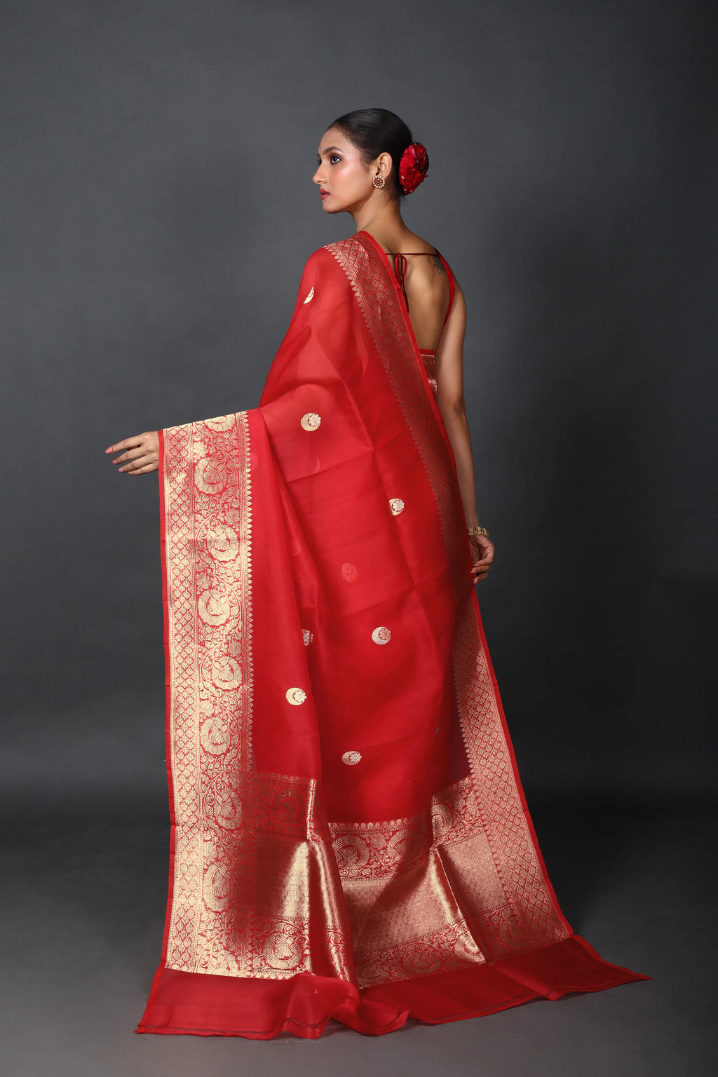 Red Chand Tara Kora Banarasi Saree With Blouse Piece