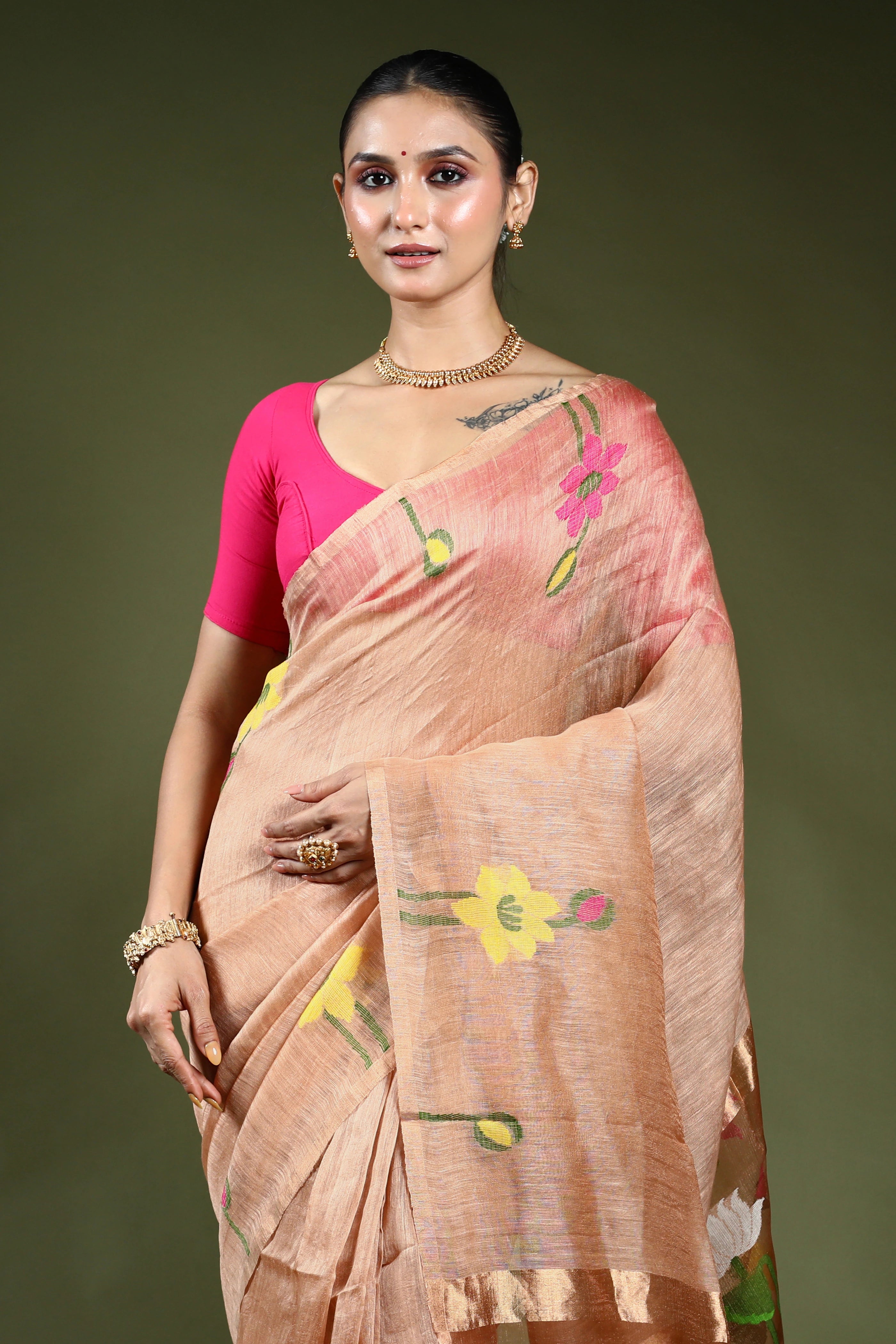 Copper Linen Tissue Saree With Blouse Piece