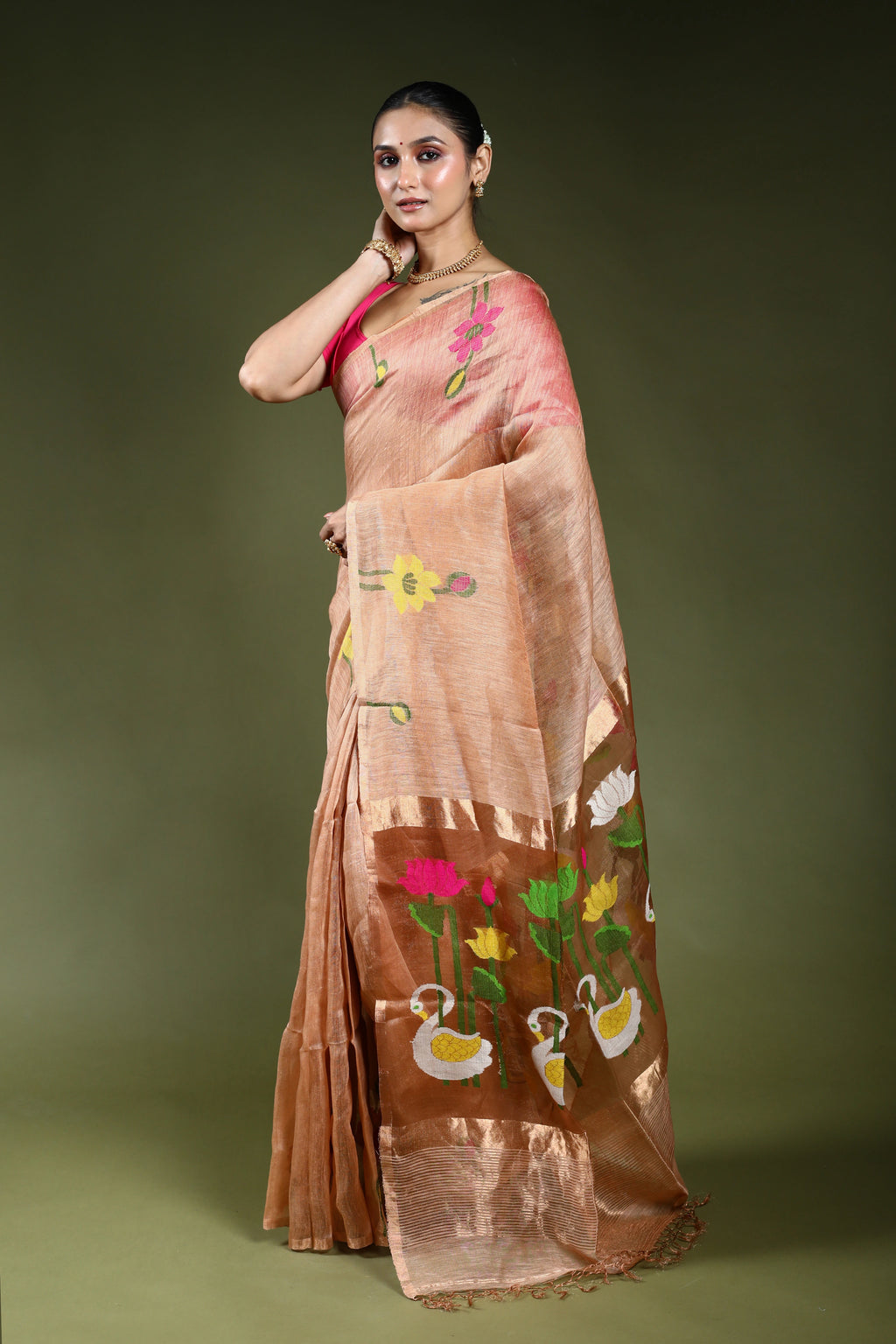 Copper Linen Tissue Saree With Blouse Piece