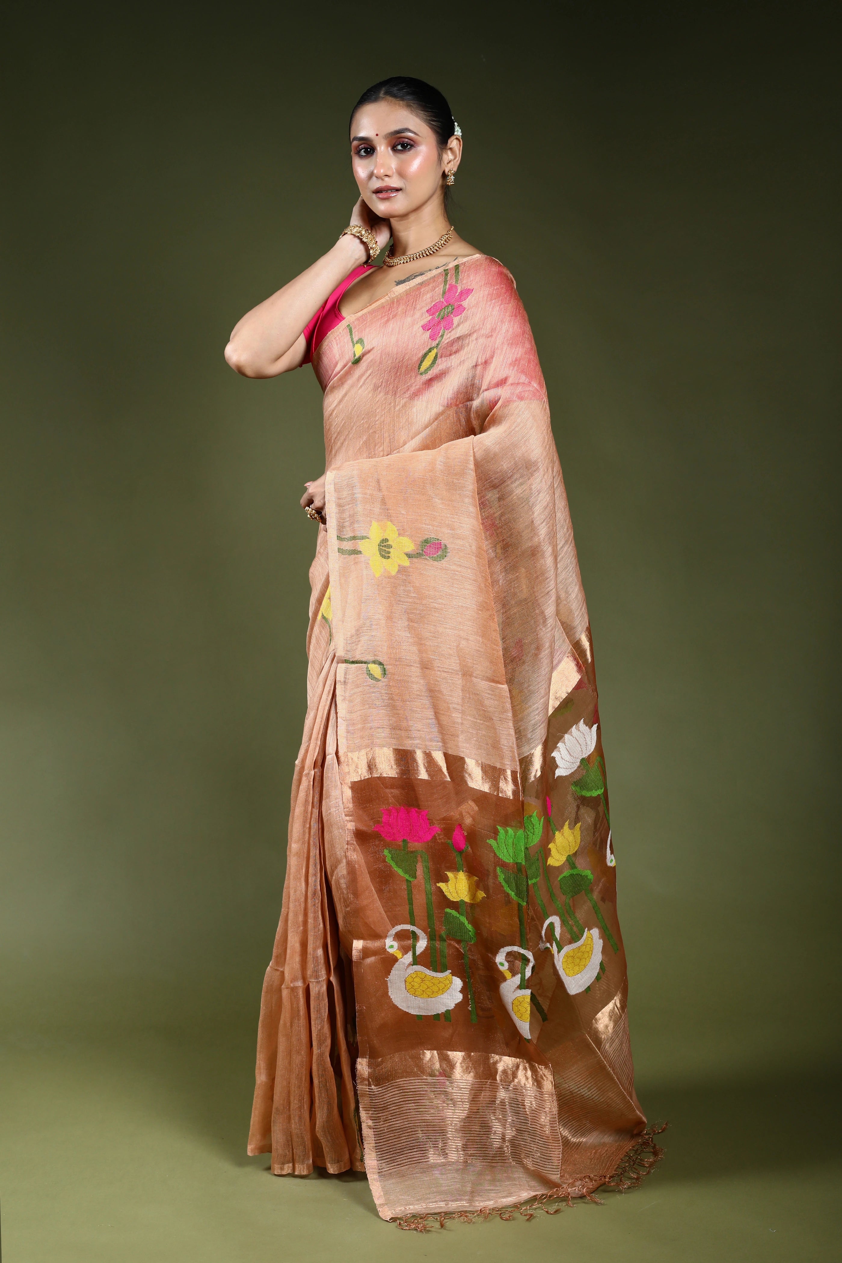 Copper Linen Tissue Saree With Blouse Piece