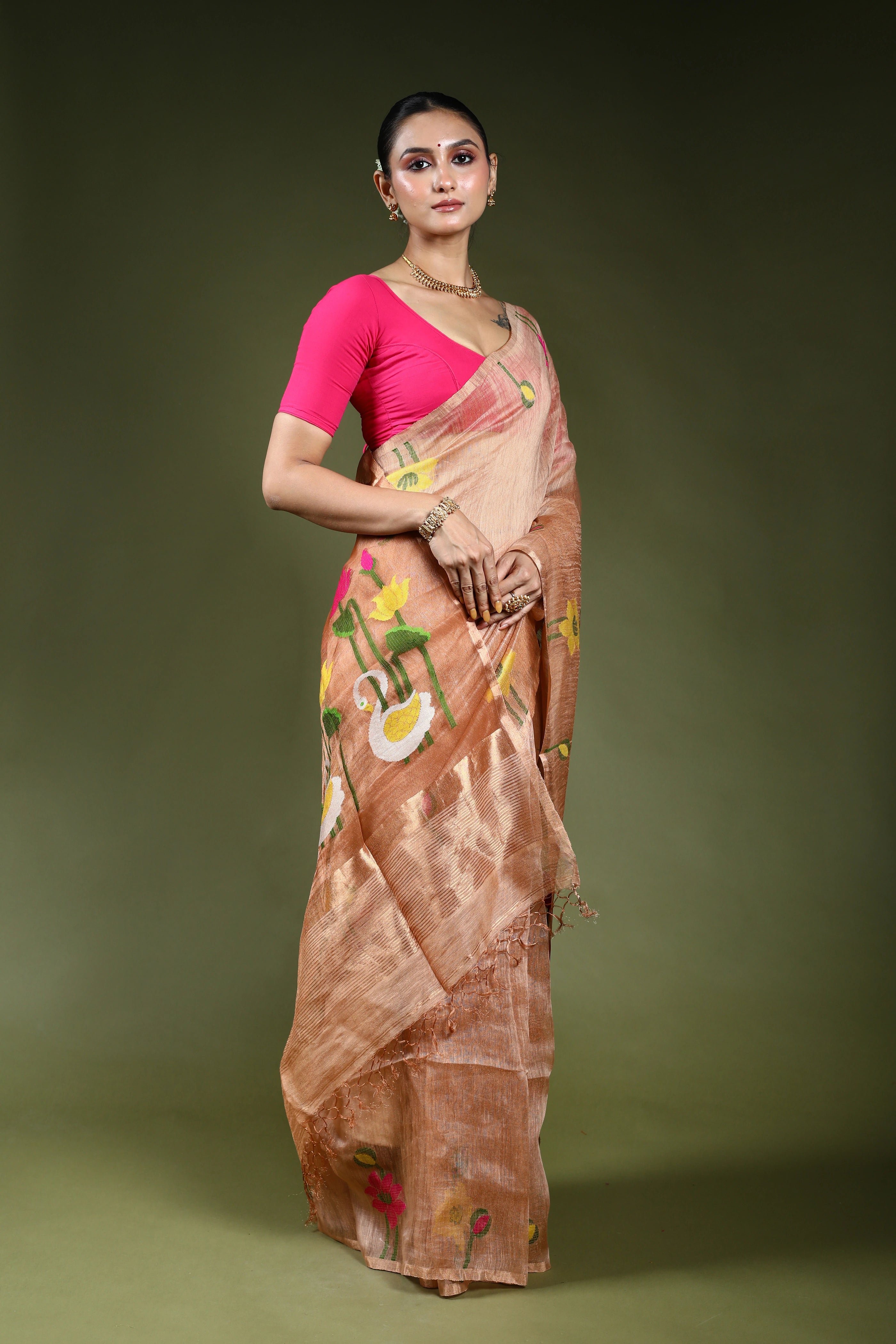 Copper Linen Tissue Saree With Blouse Piece