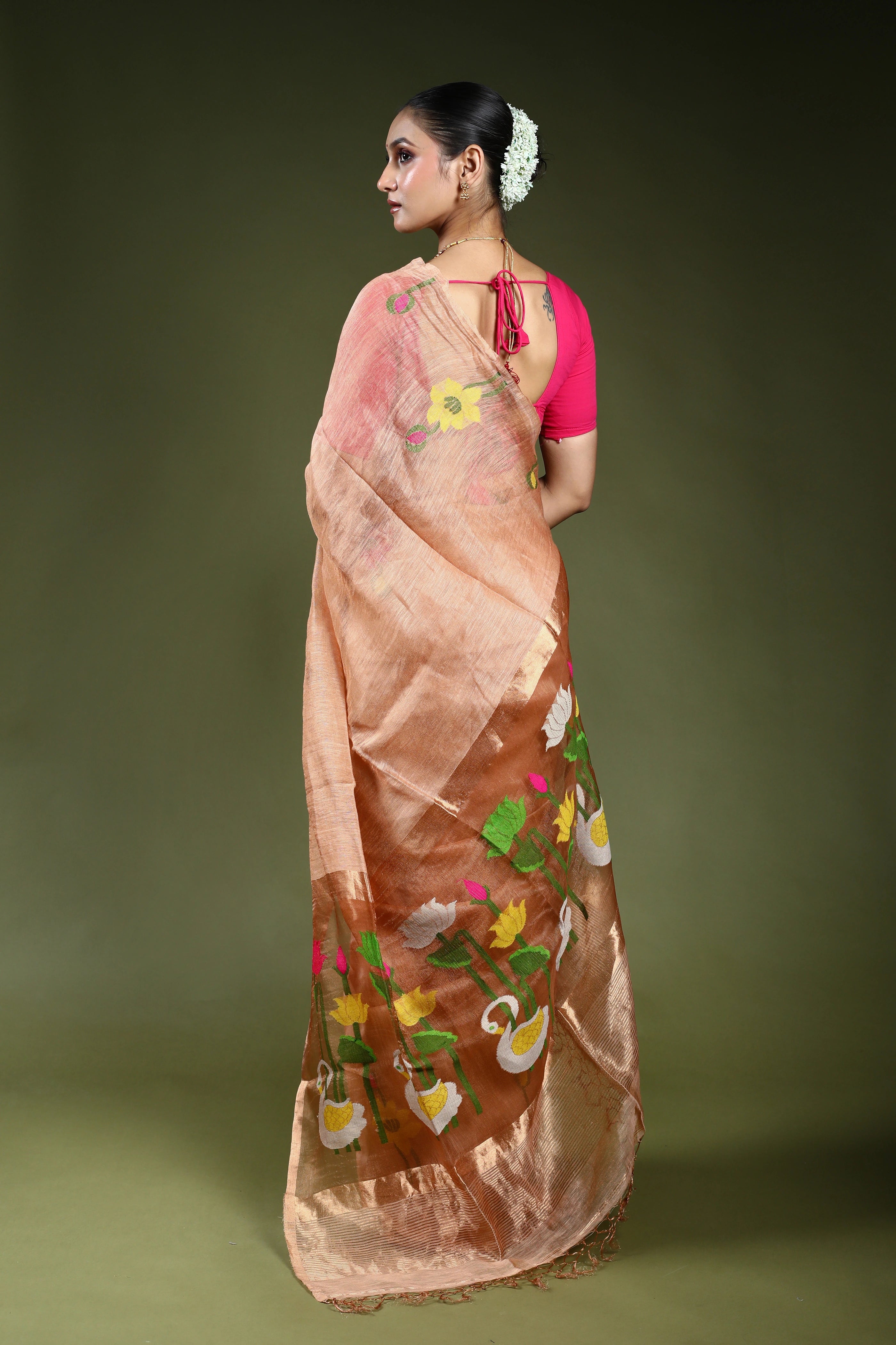 Copper Linen Tissue Saree With Blouse Piece