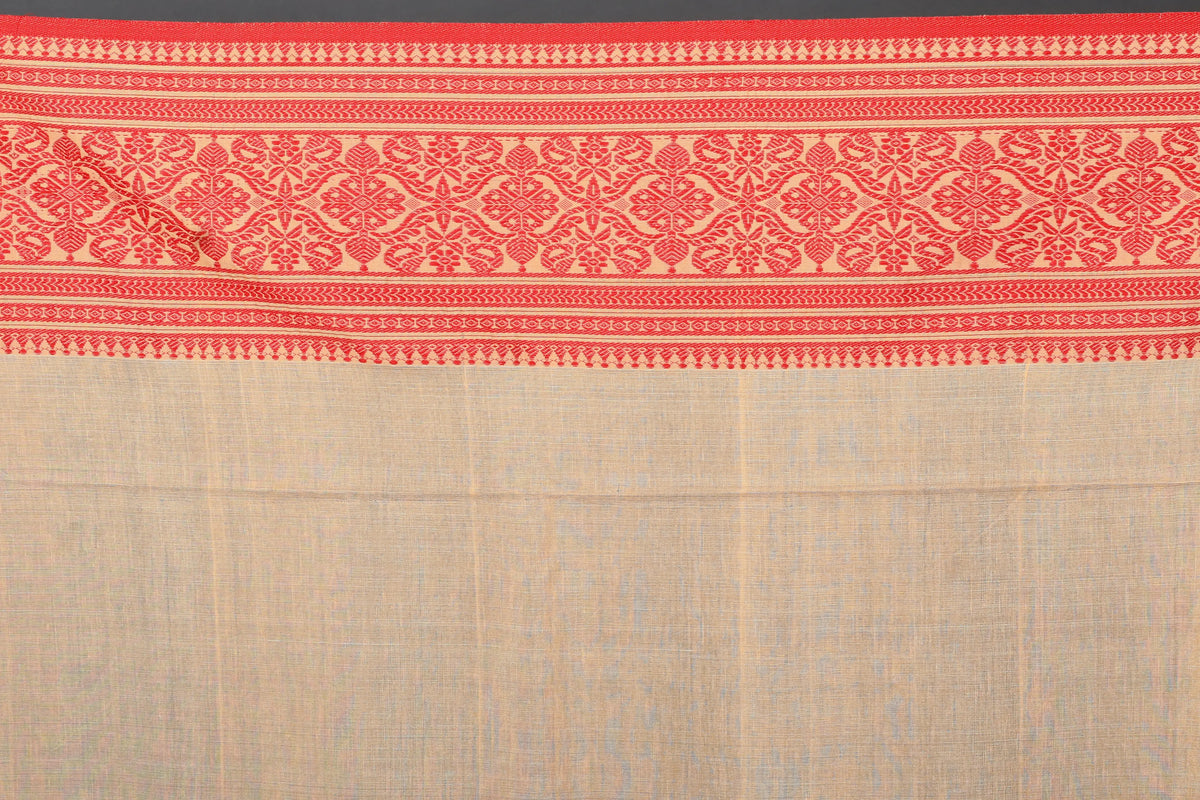 Red Offwhite Bengal Handloom Tussar Saree With Blouse Piece