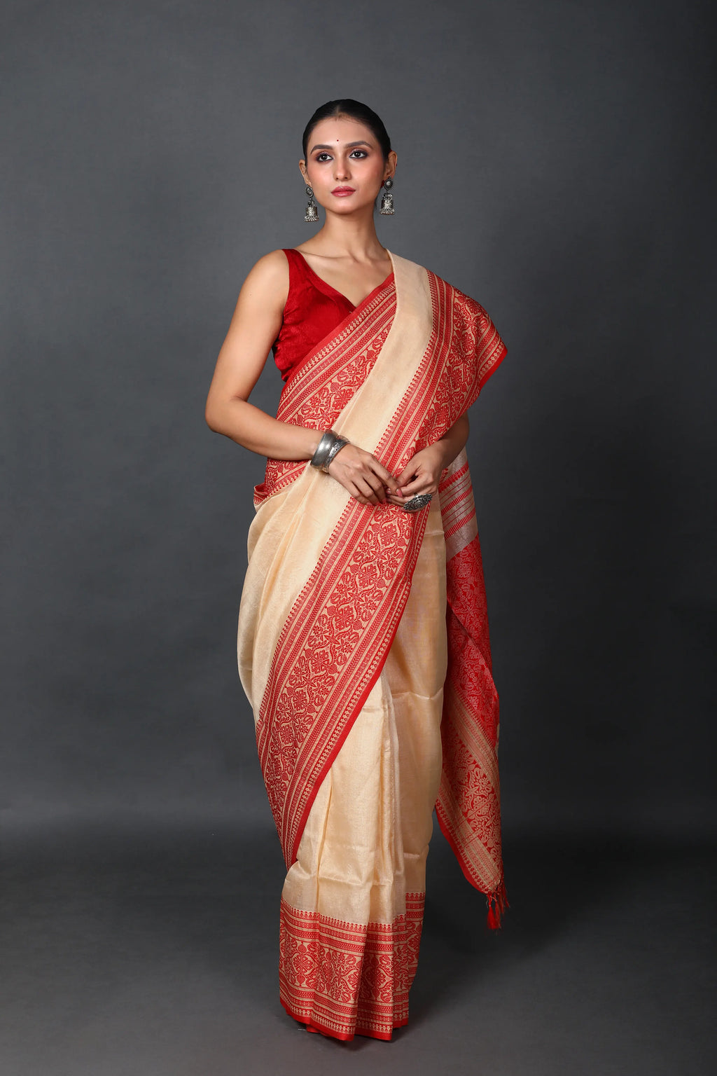 Red Offwhite Bengal Handloom Tussar Saree With Blouse Piece