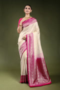 White Semi Brocade Katan Banrasi Saree With Blouse Piece