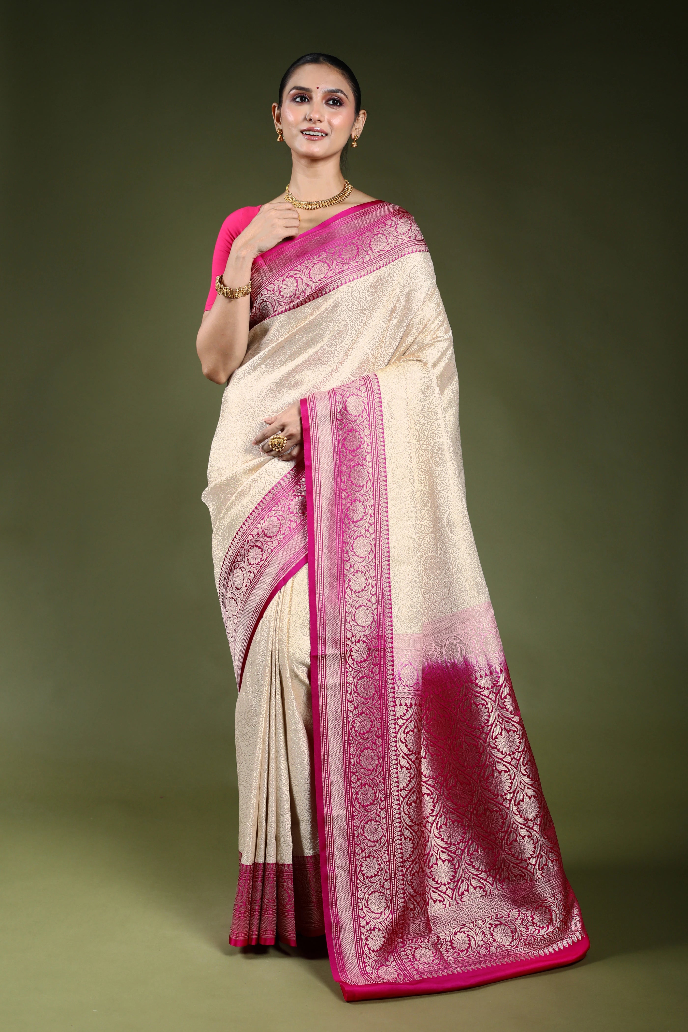 White Semi Brocade Katan Banrasi Saree With Blouse Piece