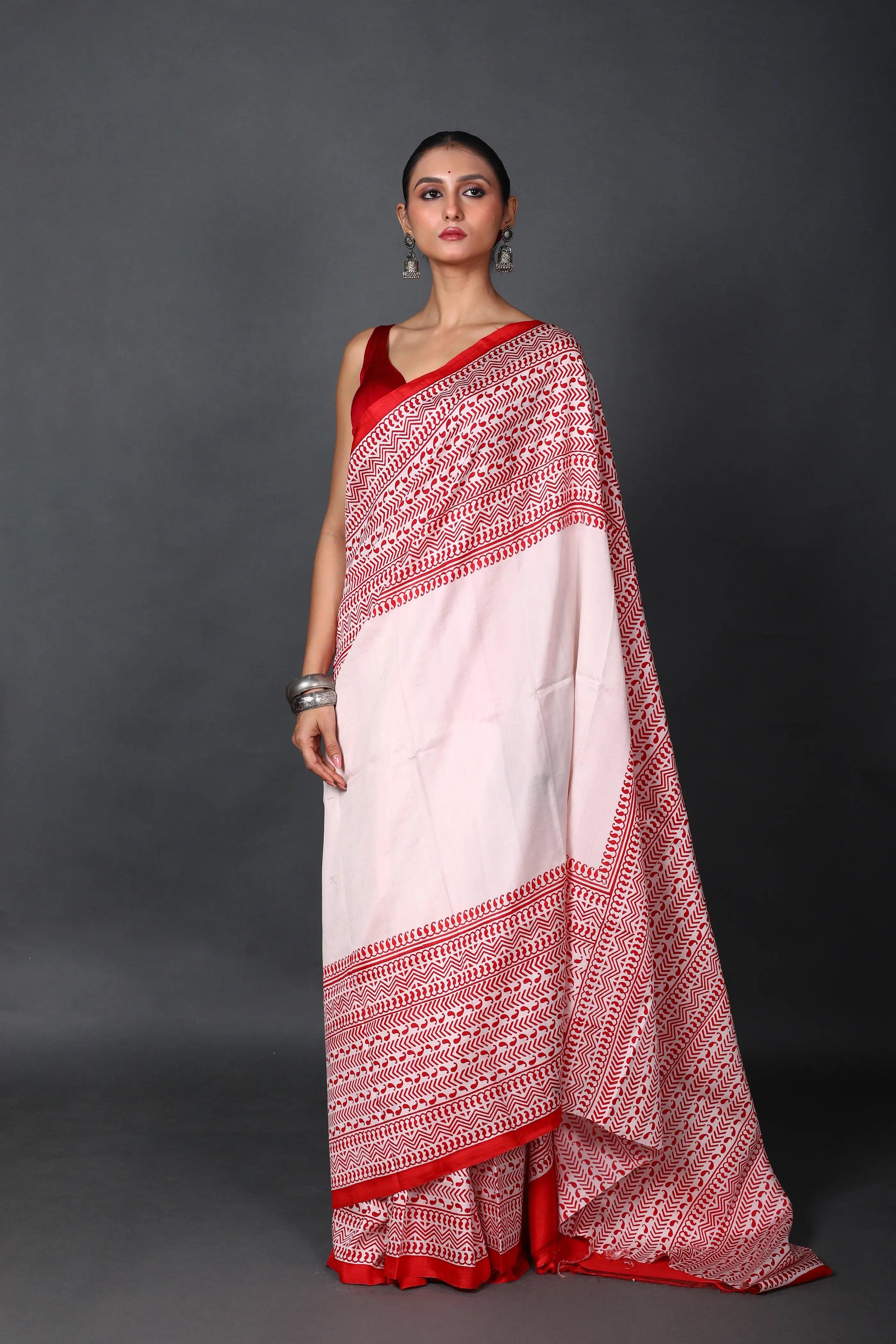 Red & White Silk Katan Saree With Blouse Piece