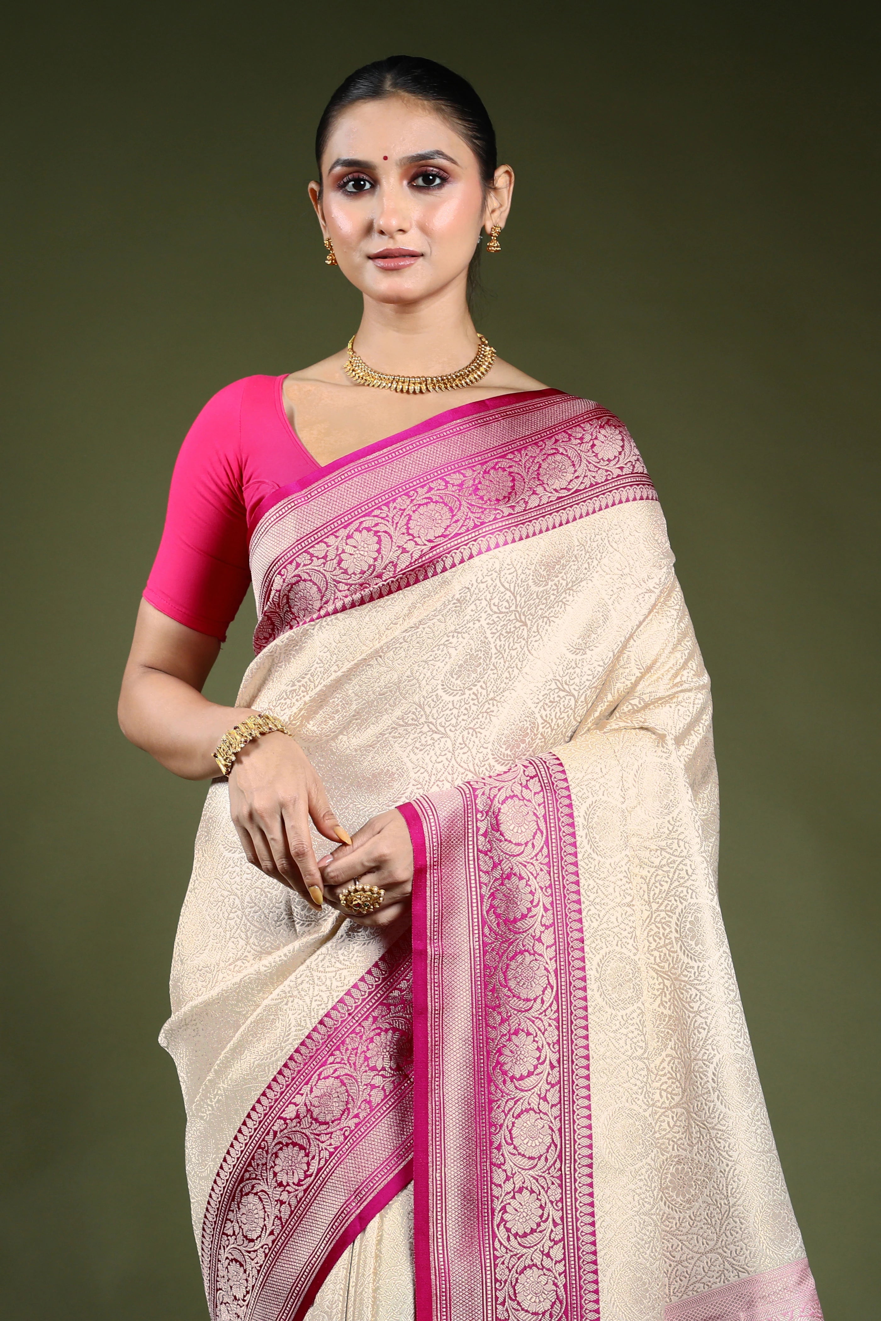 White Semi Brocade Katan Banrasi Saree With Blouse Piece