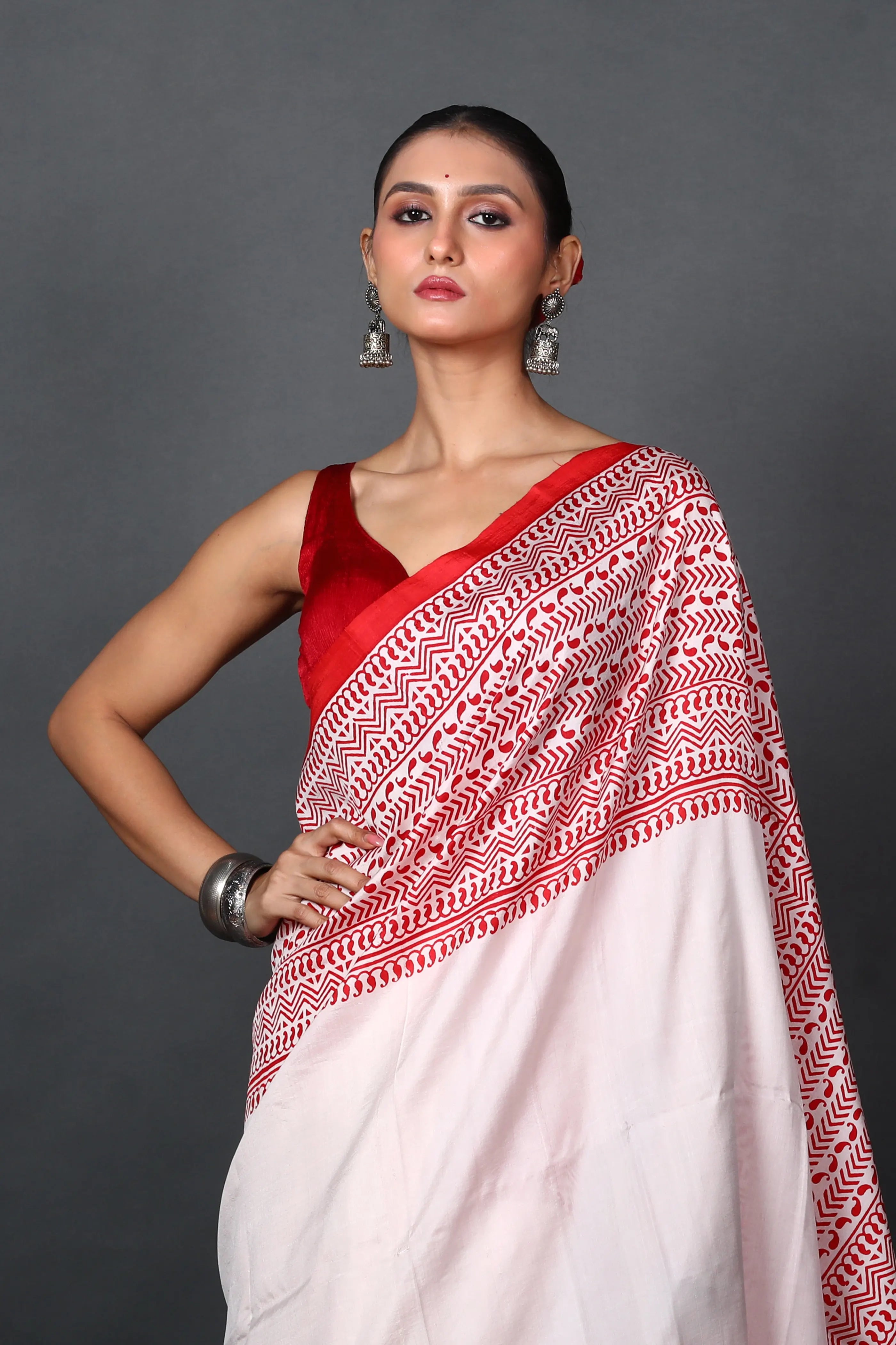 Red & White Silk Katan Saree With Blouse Piece