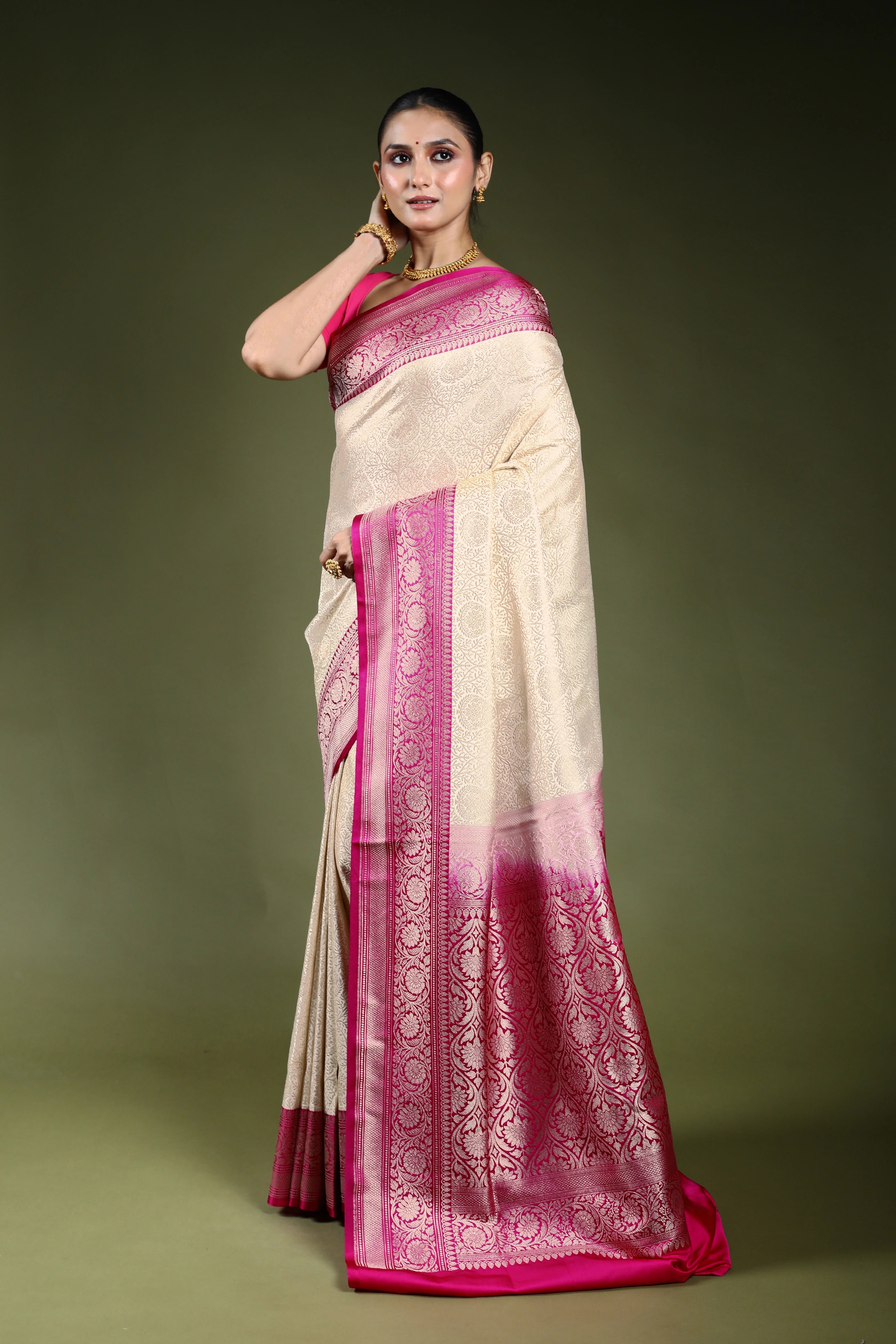 White Semi Brocade Katan Banrasi Saree With Blouse Piece