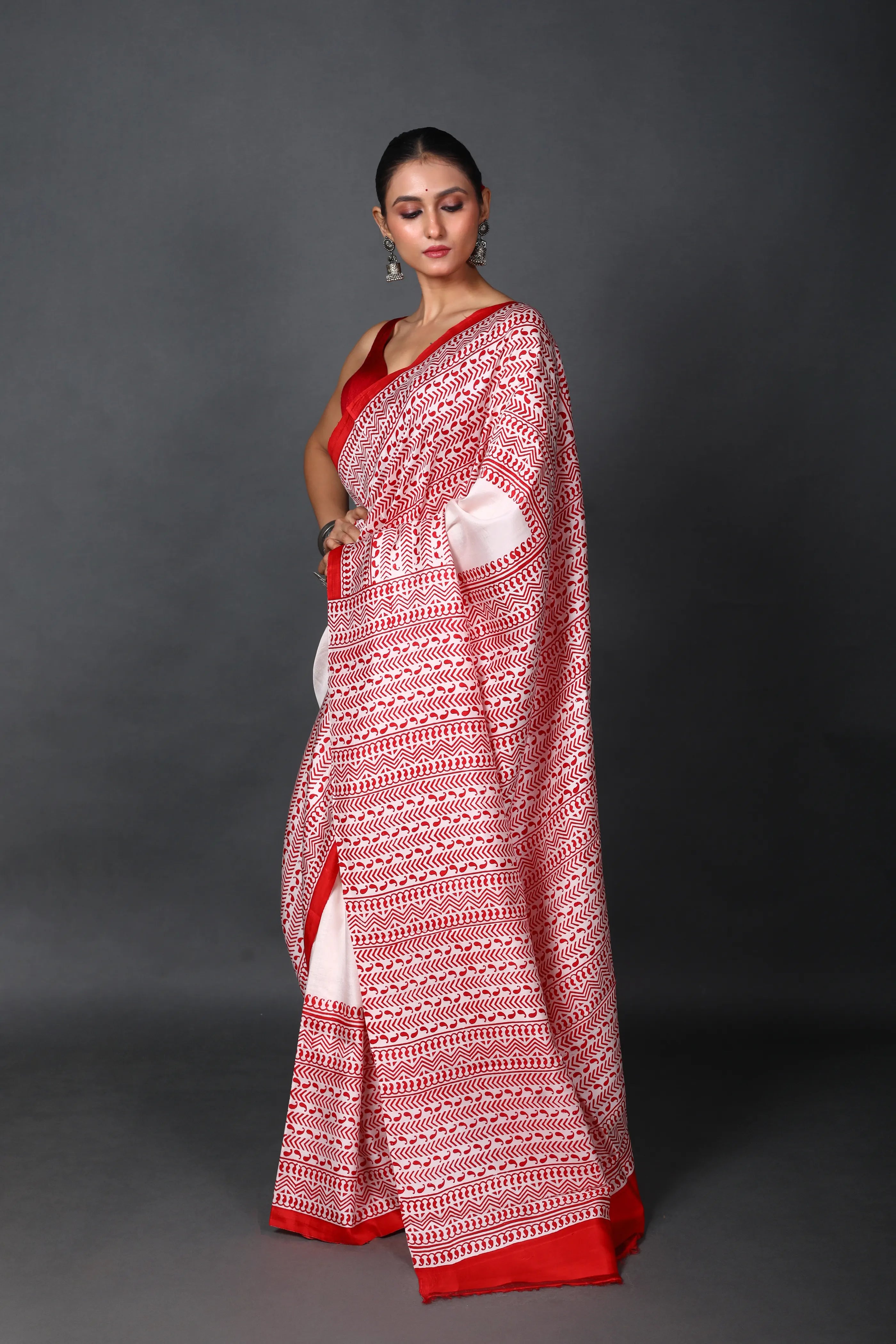 Red & White Silk Katan Saree With Blouse Piece