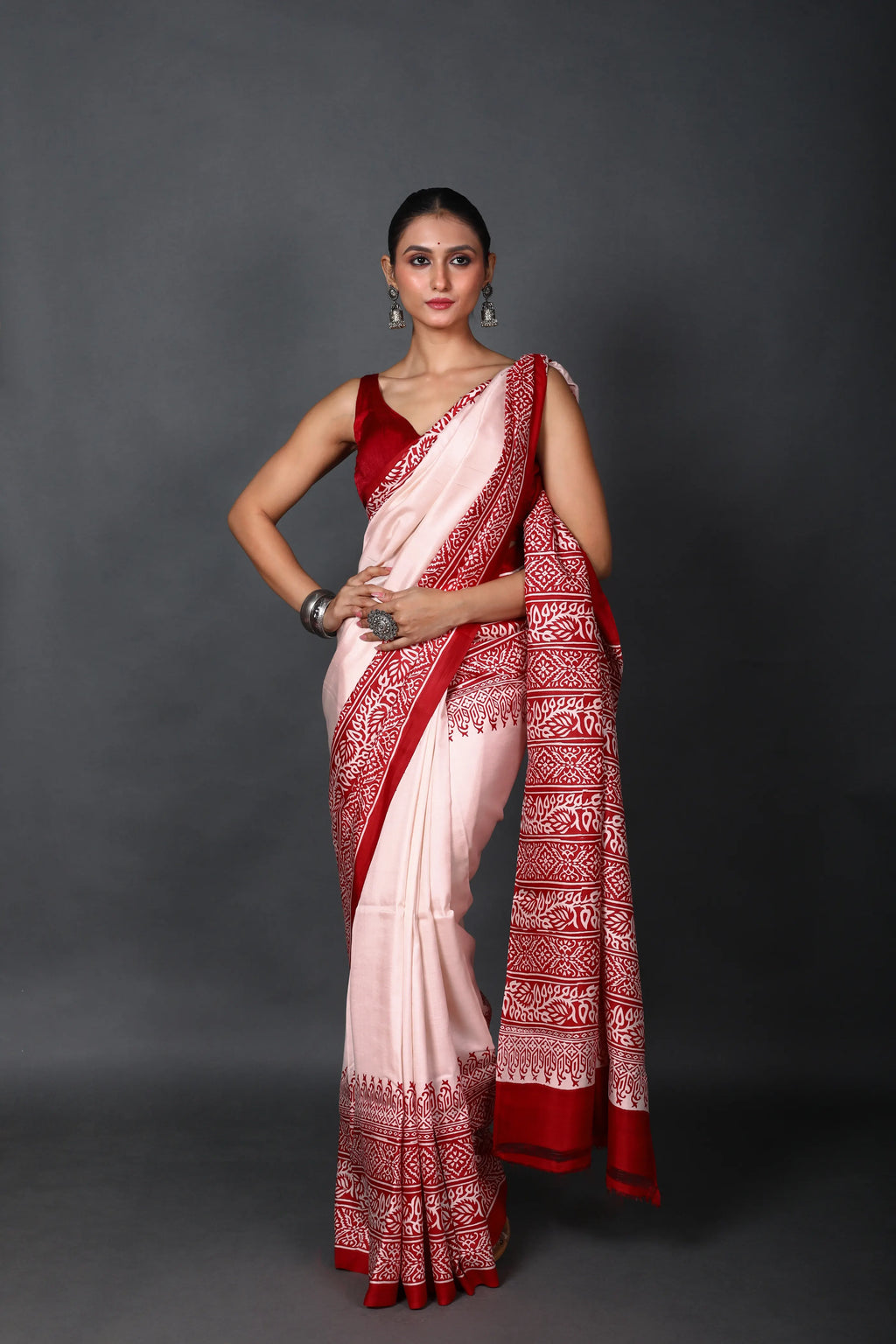 Red & White Silk Katan Saree With Blouse Piece