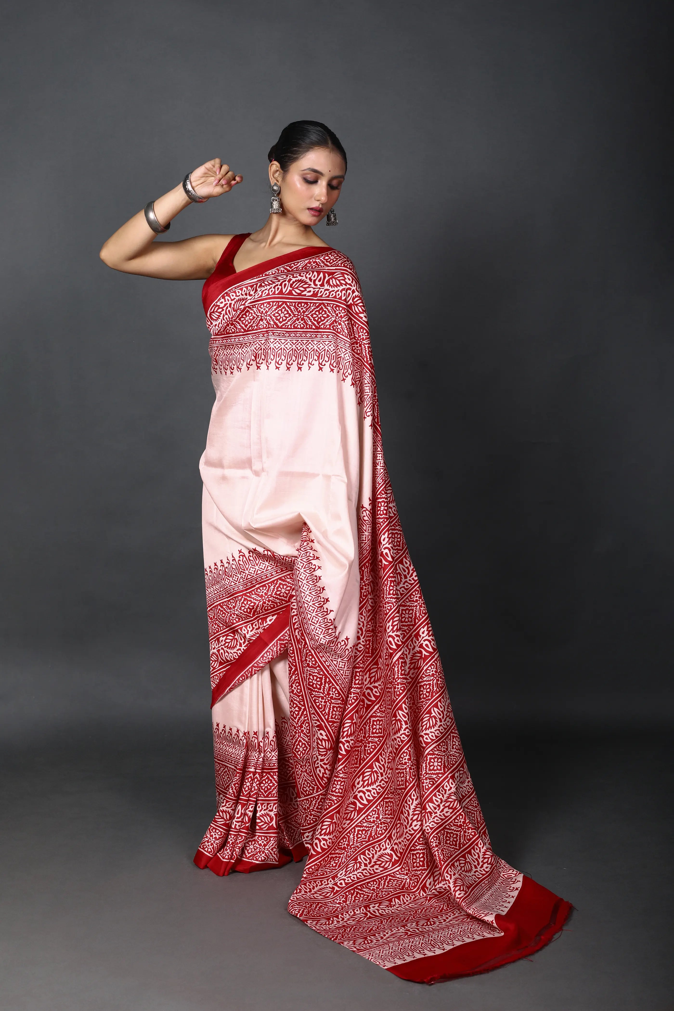 Red & White Silk Katan Saree With Blouse Piece
