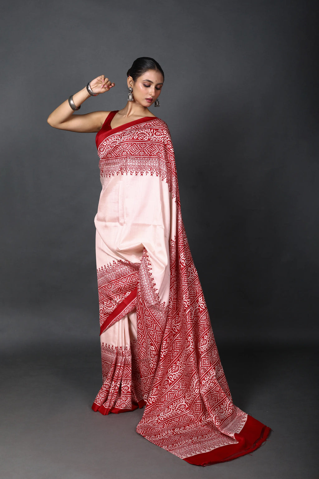 Red & White Silk Katan Saree With Blouse Piece