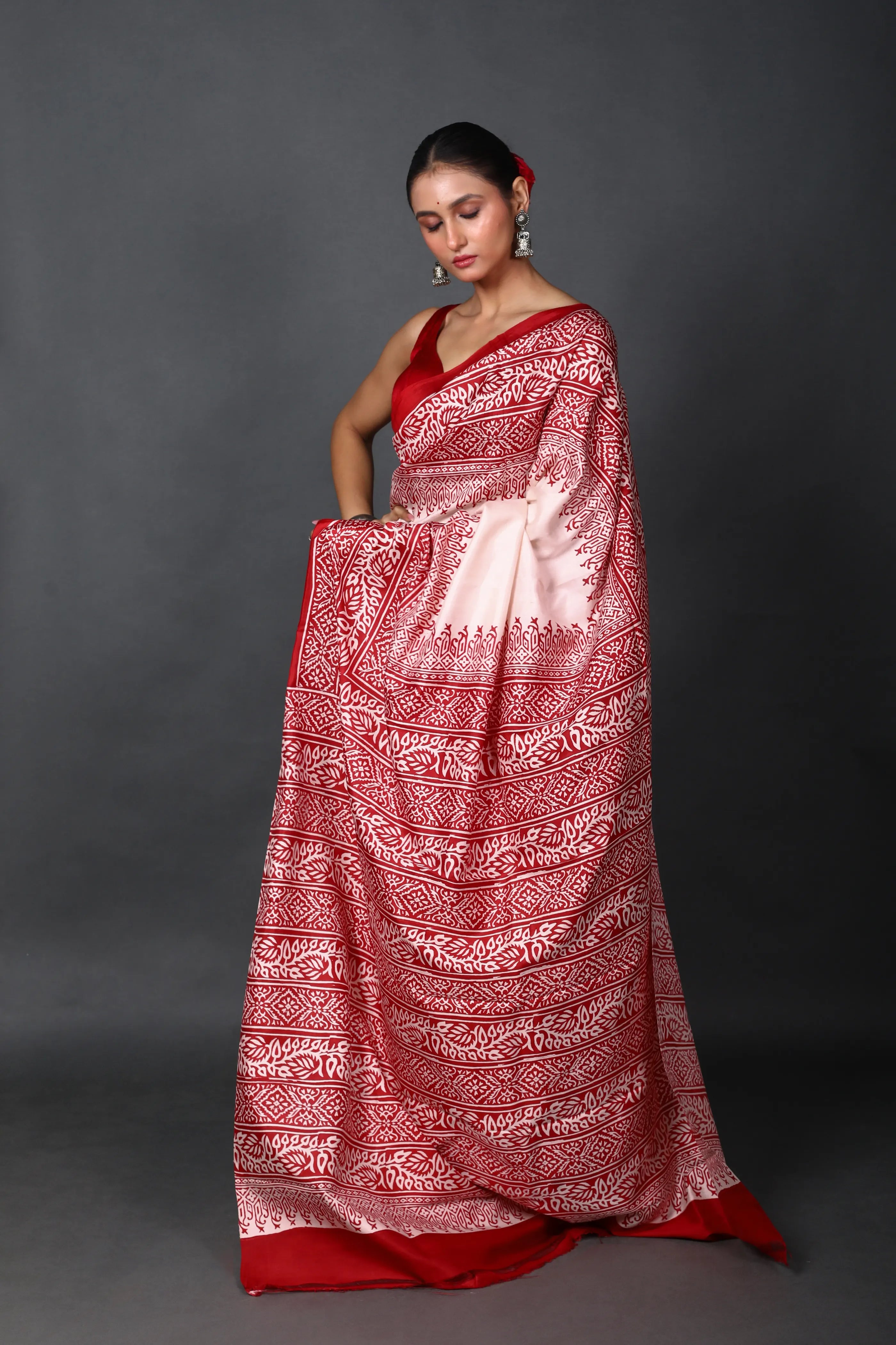 Red & White Silk Katan Saree With Blouse Piece