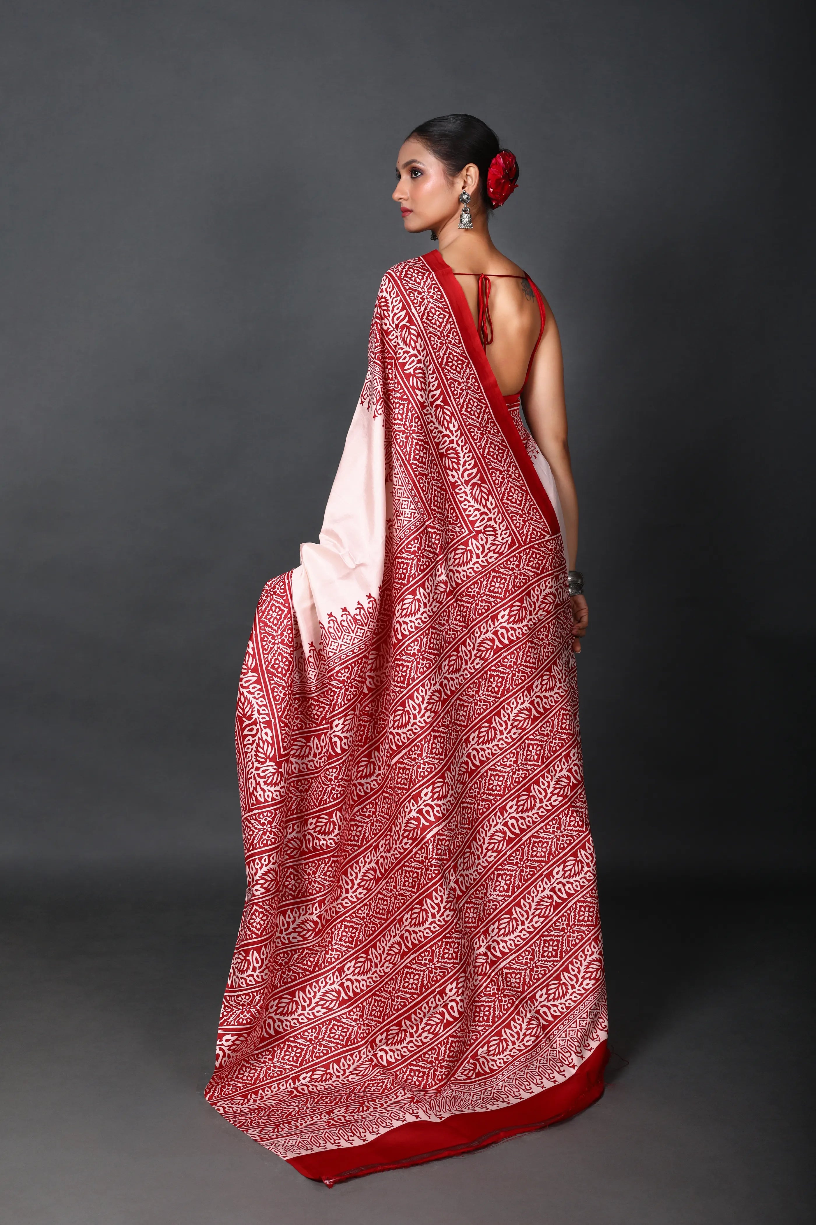 Red & White Silk Katan Saree With Blouse Piece