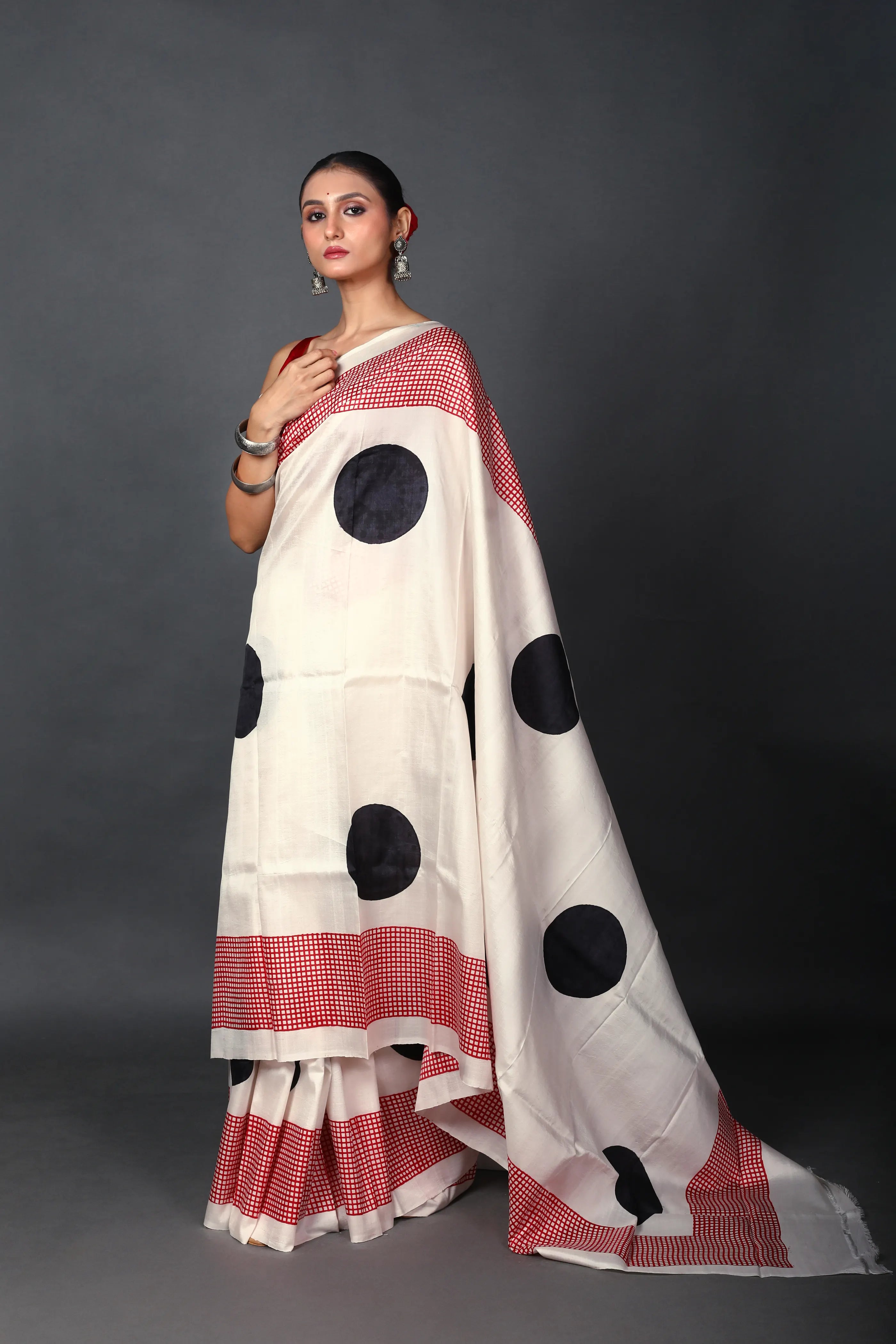 Red & White Silk Katan Saree With Blouse Piece