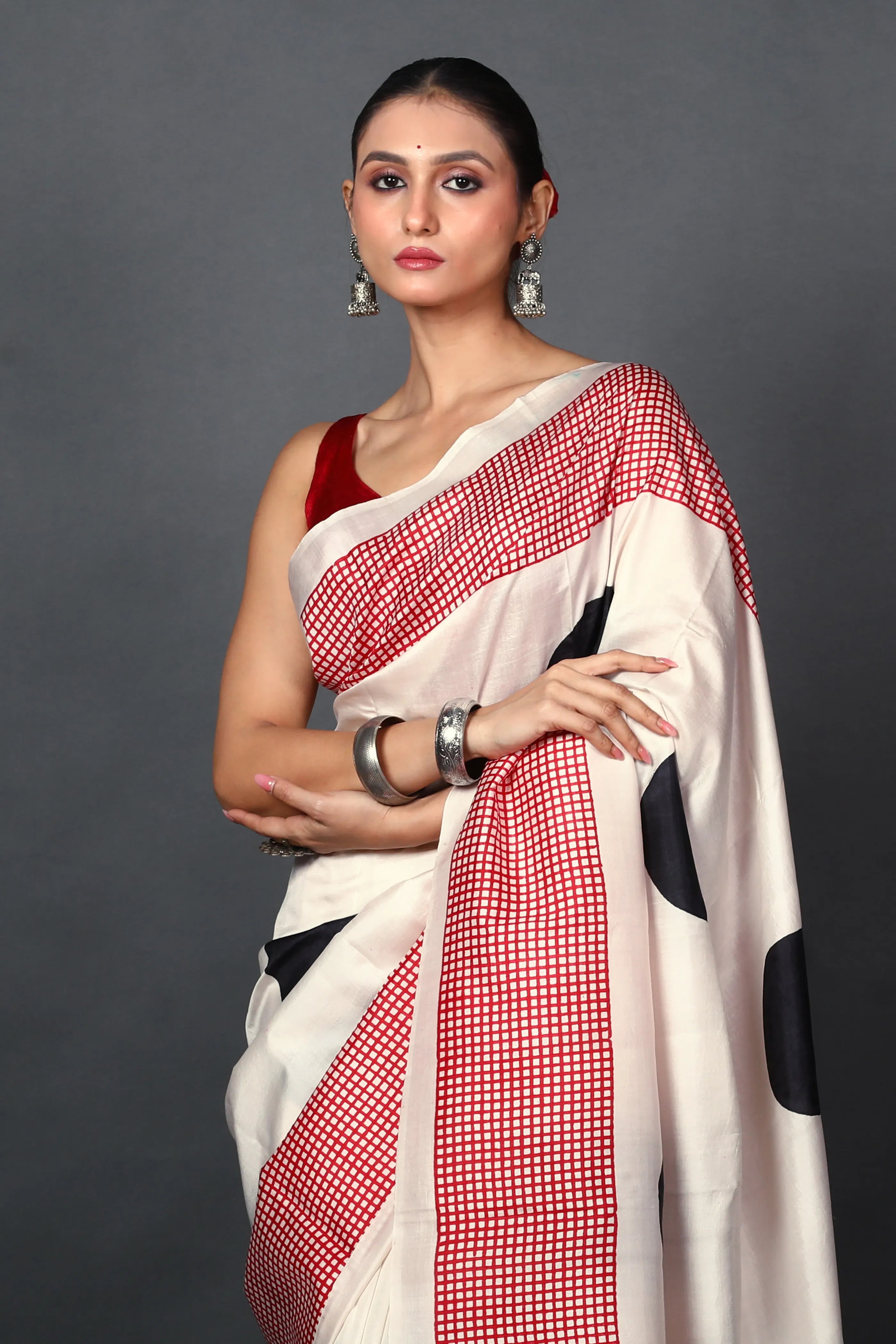 Red & White Silk Katan Saree With Blouse Piece