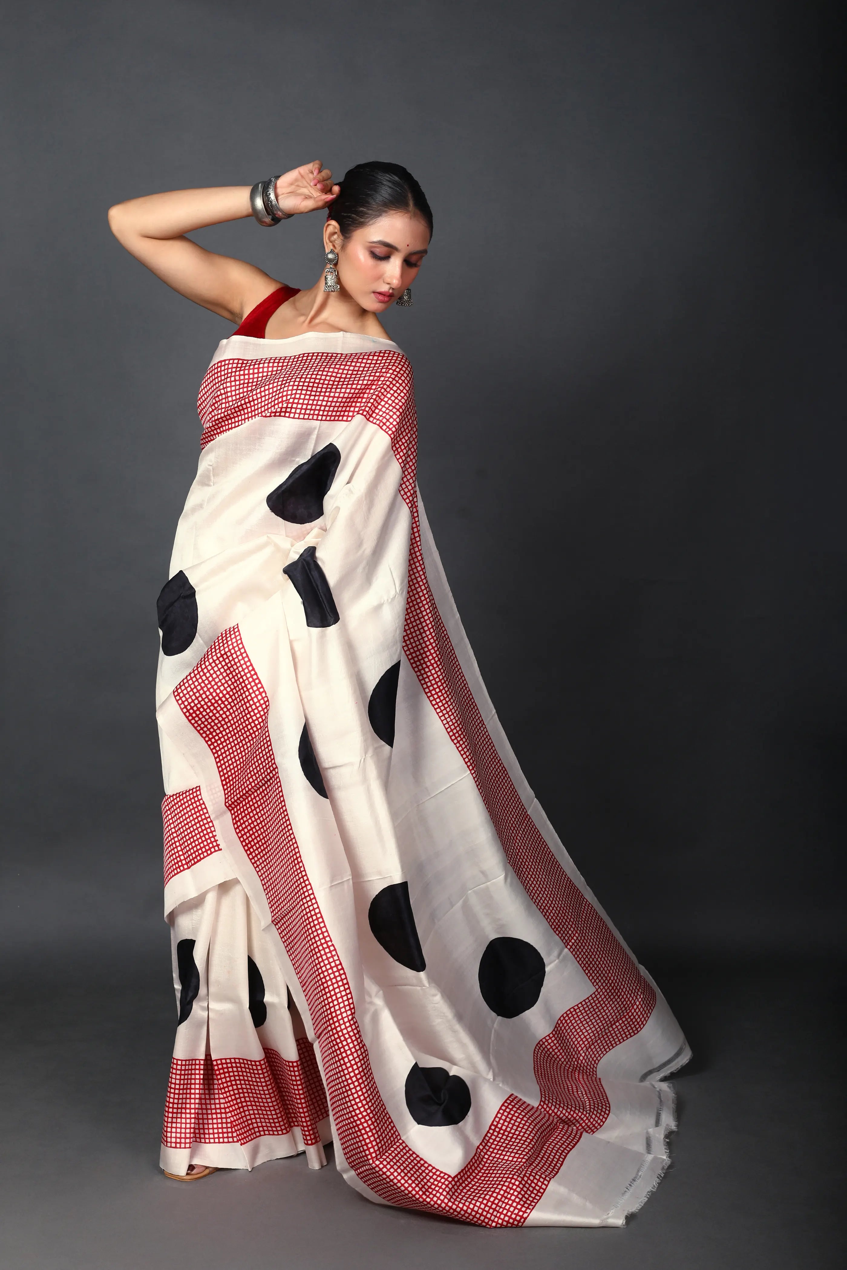 Red & White Silk Katan Saree With Blouse Piece