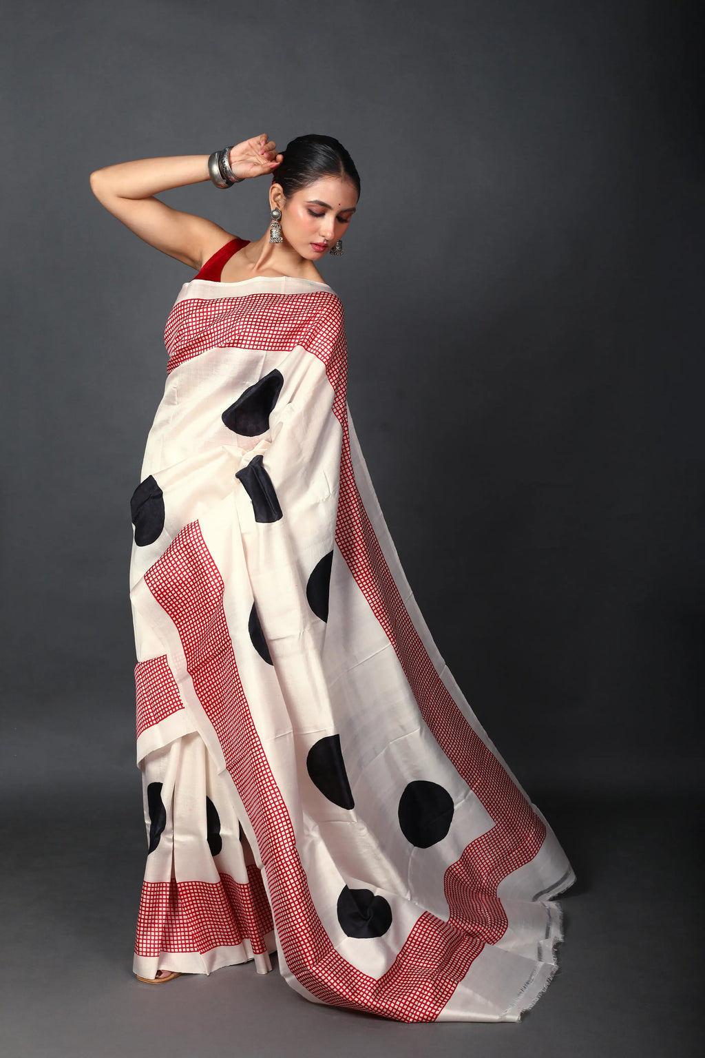 Red & White Silk Katan Saree With Blouse Piece