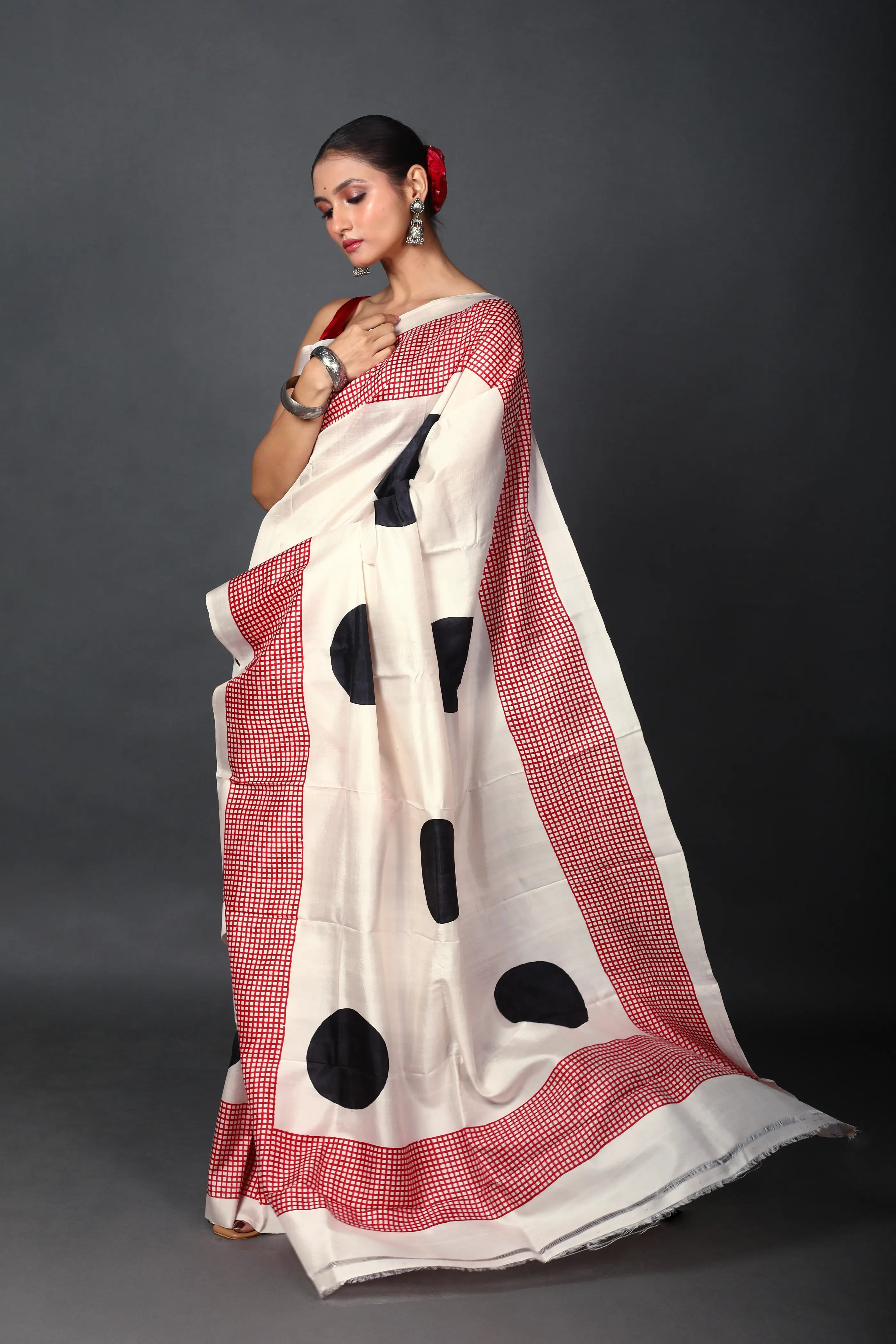 Red & White Silk Katan Saree With Blouse Piece