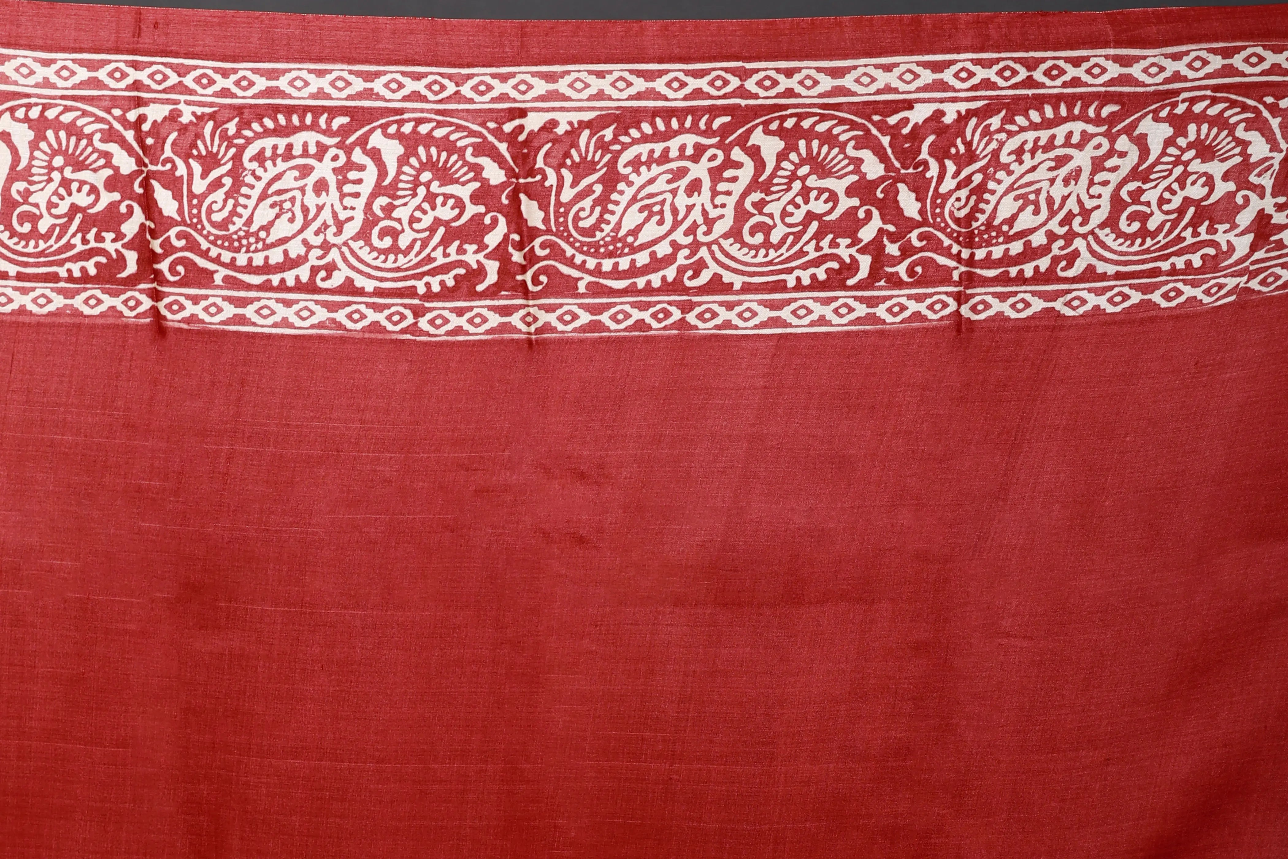 Red & Off White Tussar Saree With Blouse Piece