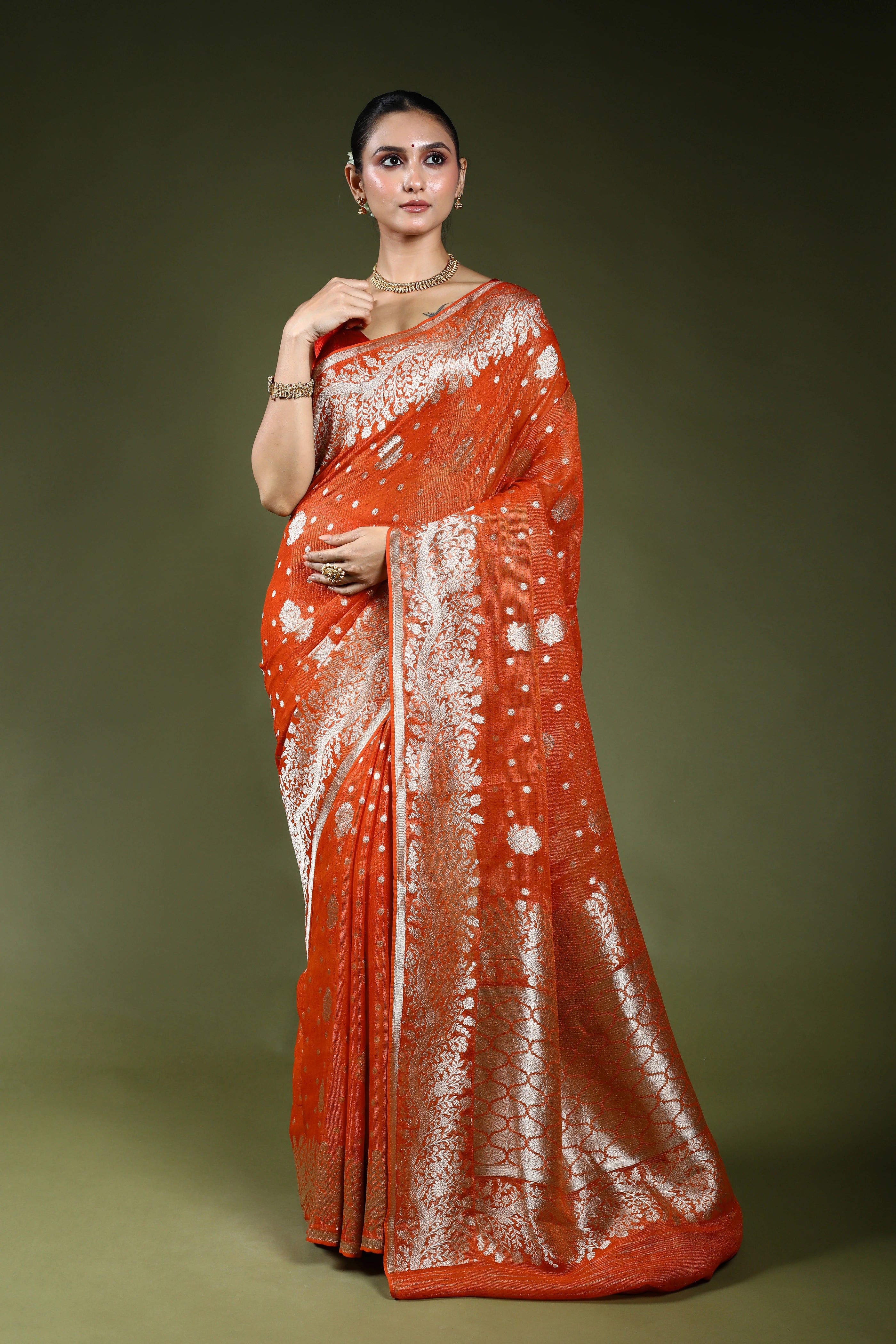 Orange Semi Khaddi Saree With Blouse Piece