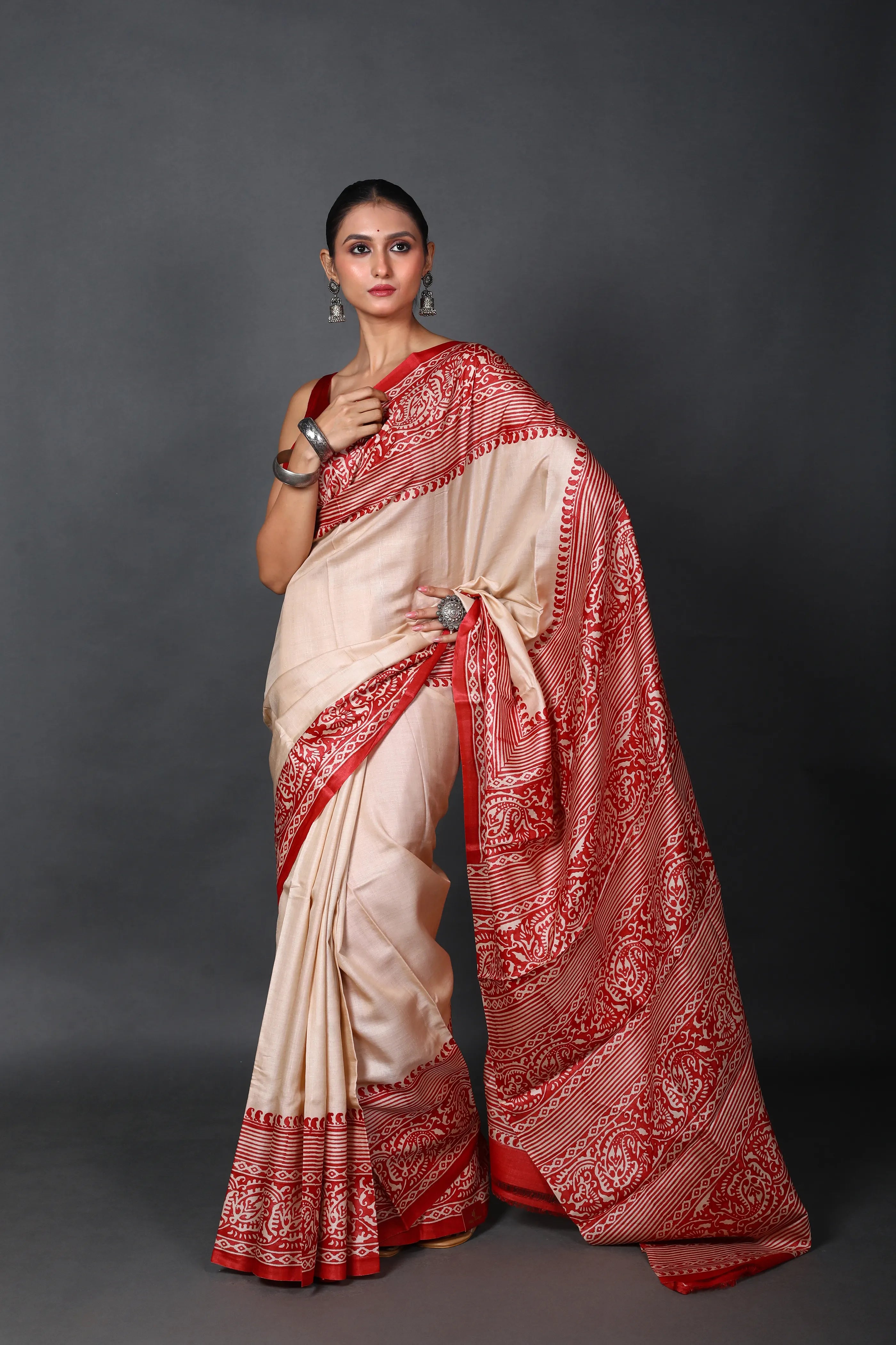 Red & Off White Tussar Saree With Blouse Piece