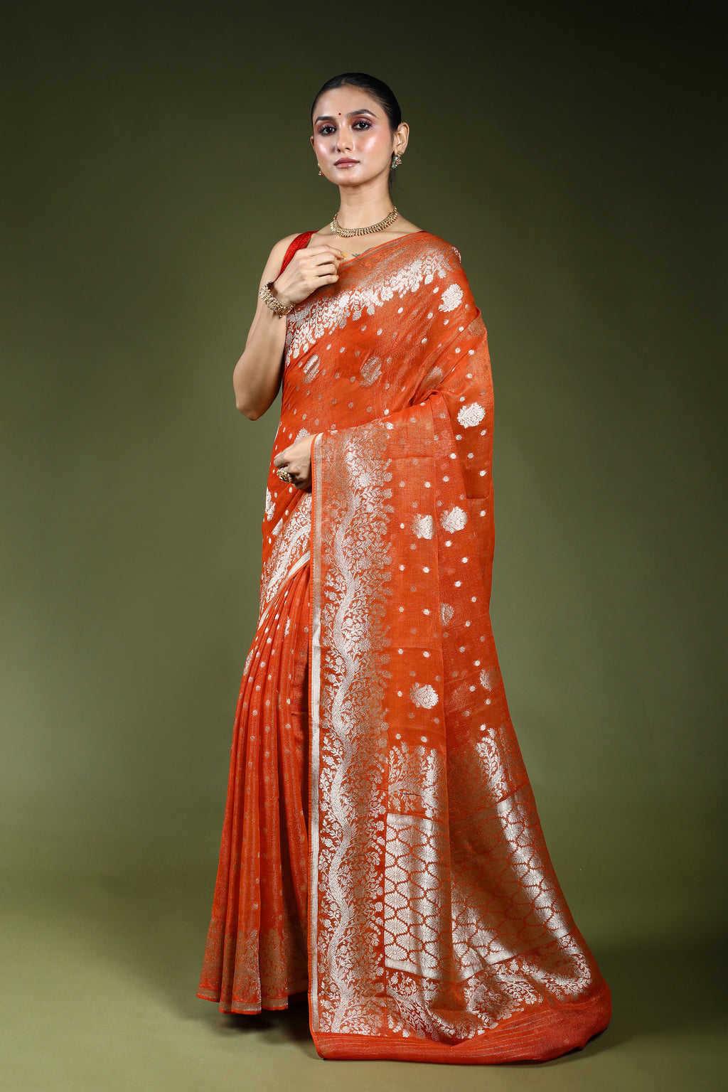 Orange Semi Khaddi Saree With Blouse Piece