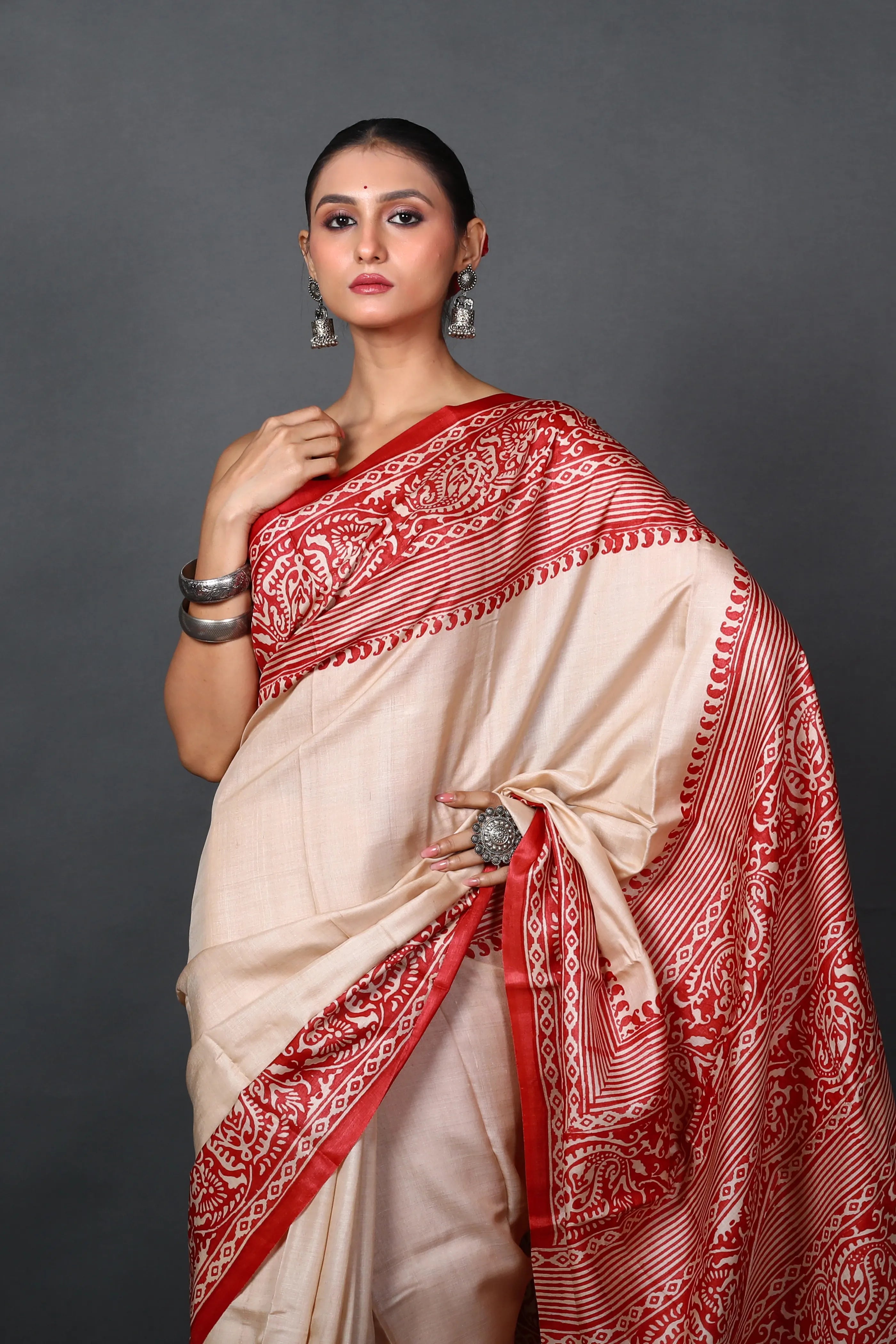 Red & Off White Tussar Saree With Blouse Piece