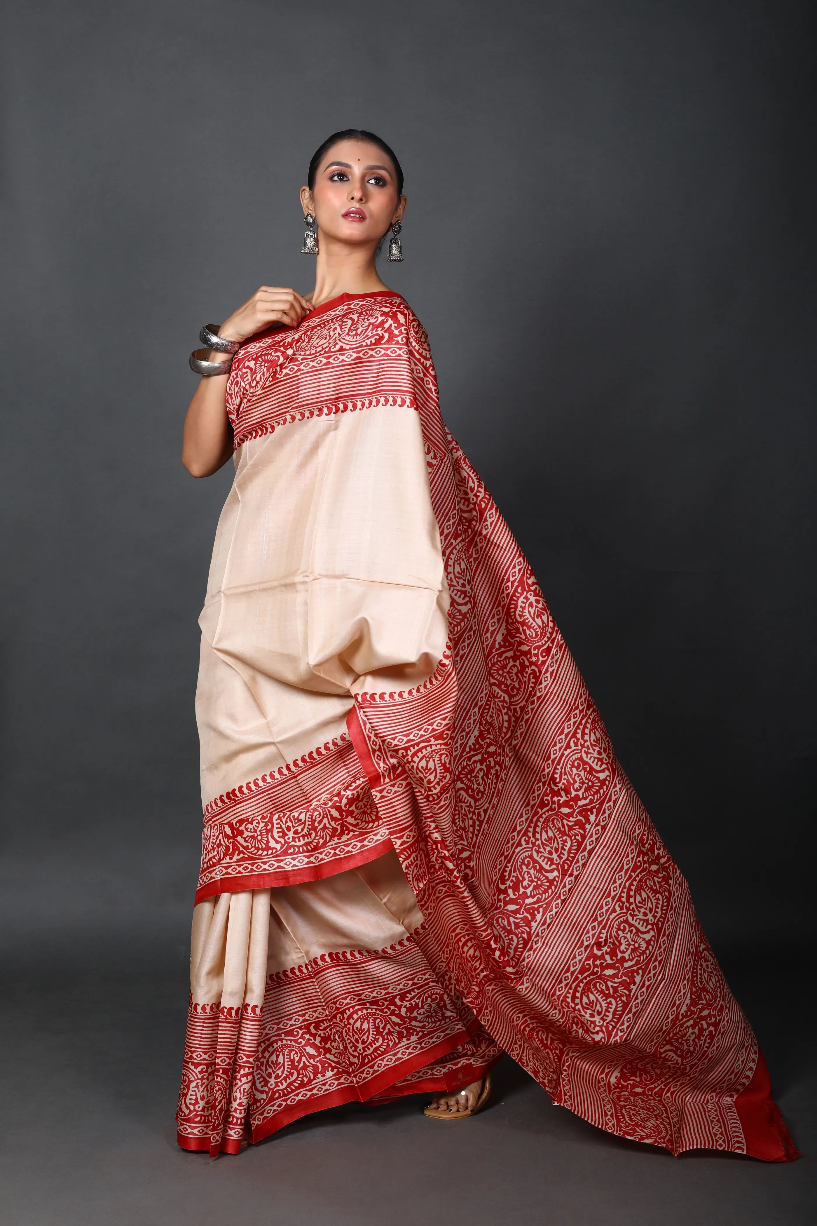 Red & Off White Tussar Saree With Blouse Piece