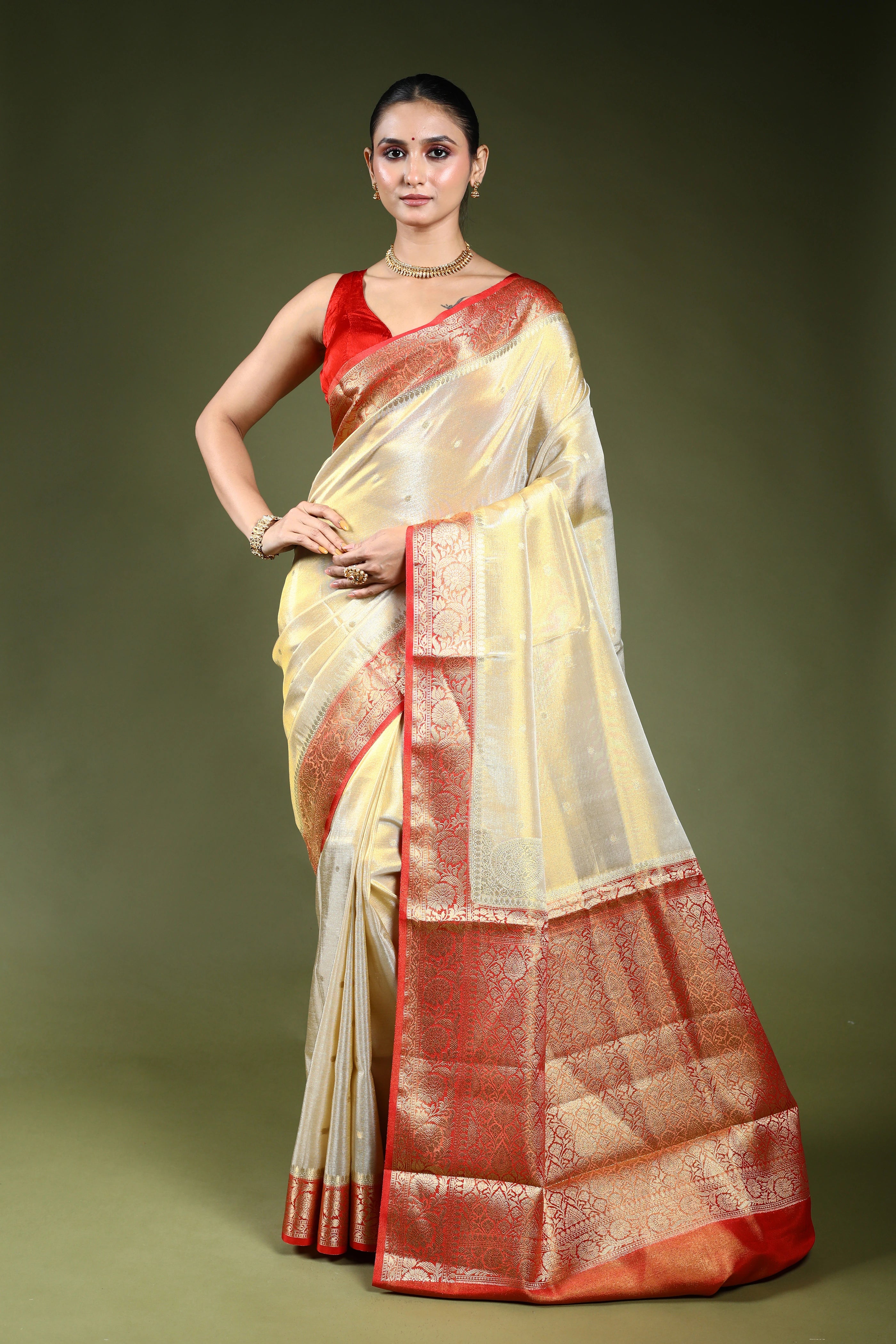 Offwhite Semi Tissue Banarasi Saree With Blouse Piece
