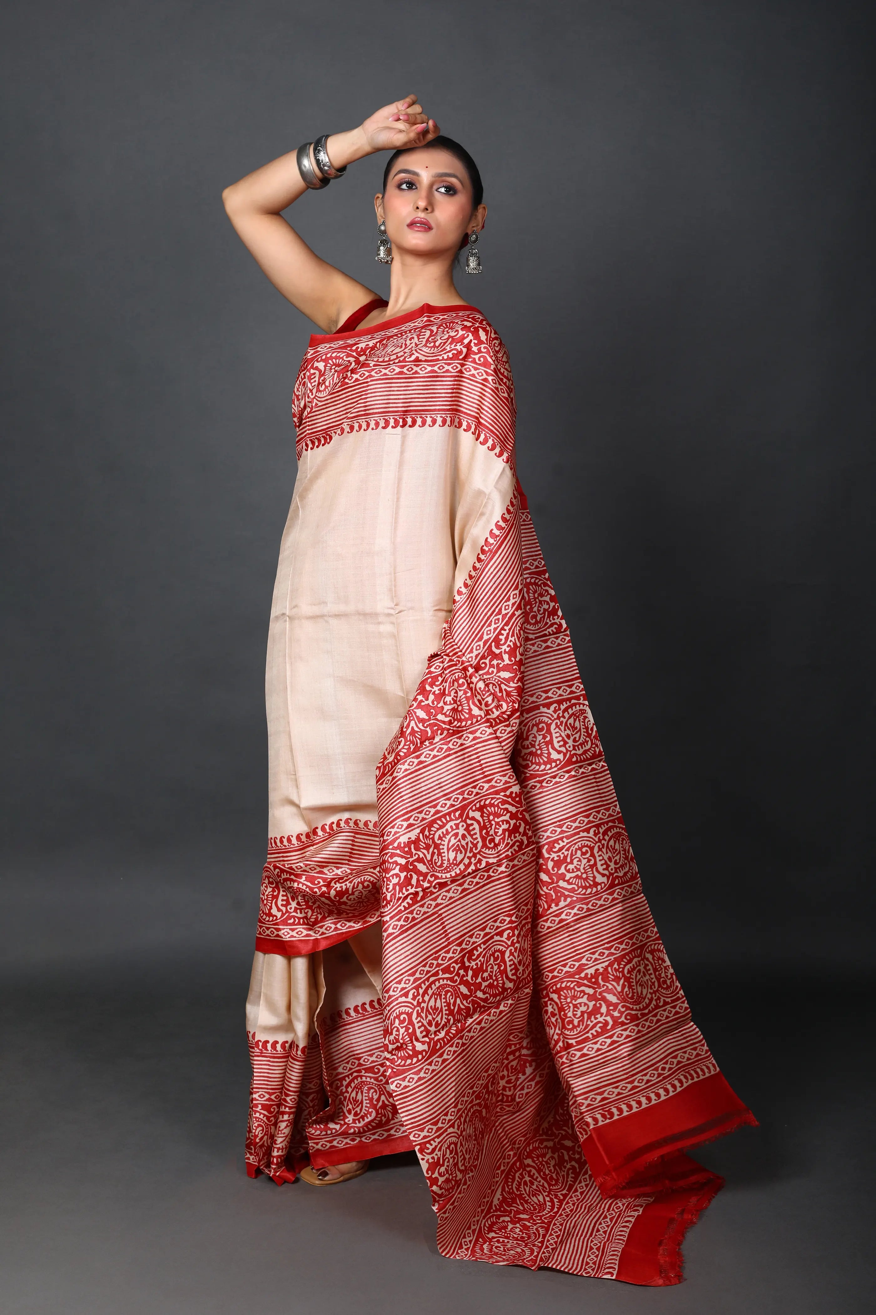 Red & Off White Tussar Saree With Blouse Piece