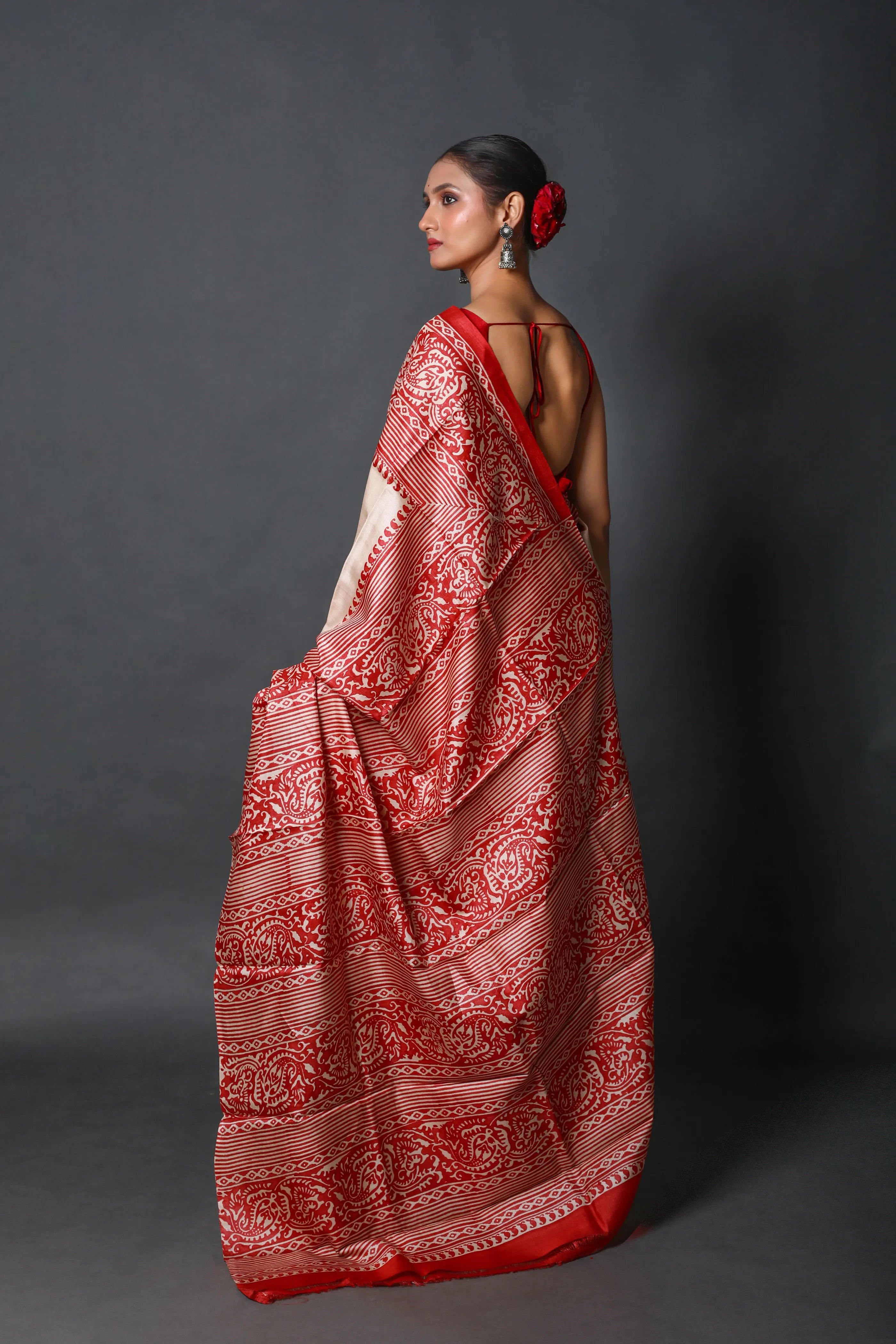 Red & Off White Tussar Saree With Blouse Piece