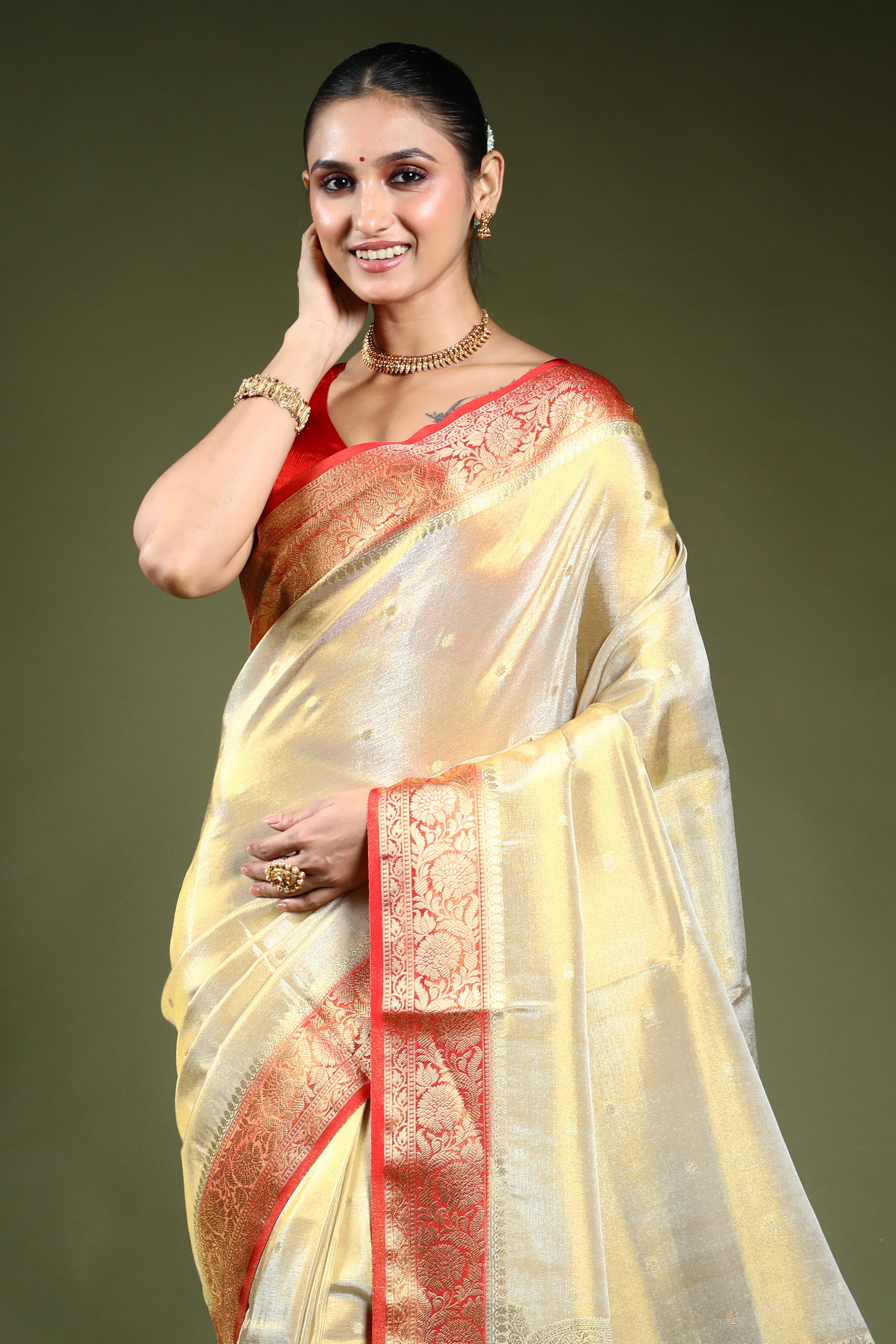 Offwhite Semi Tissue Banarasi Saree With Blouse Piece