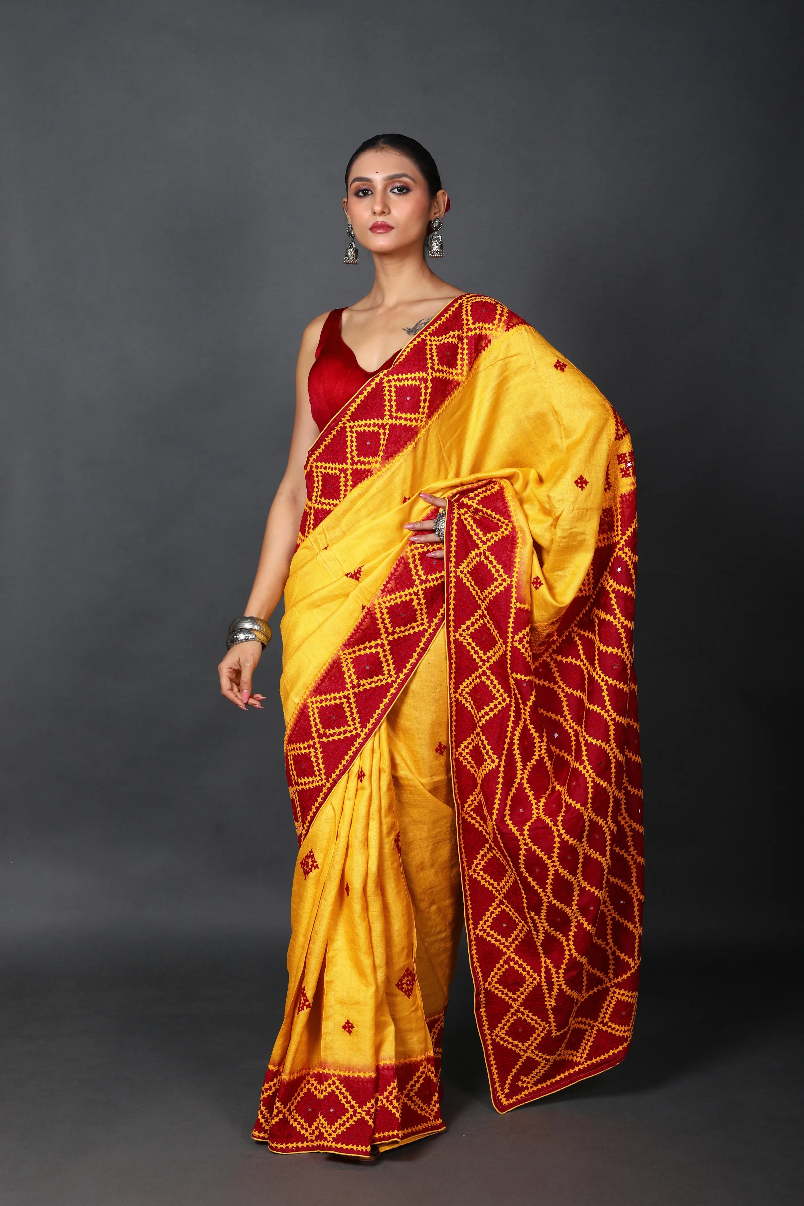 Red Yellow Tussar Hand Saree With Blouse Piece
