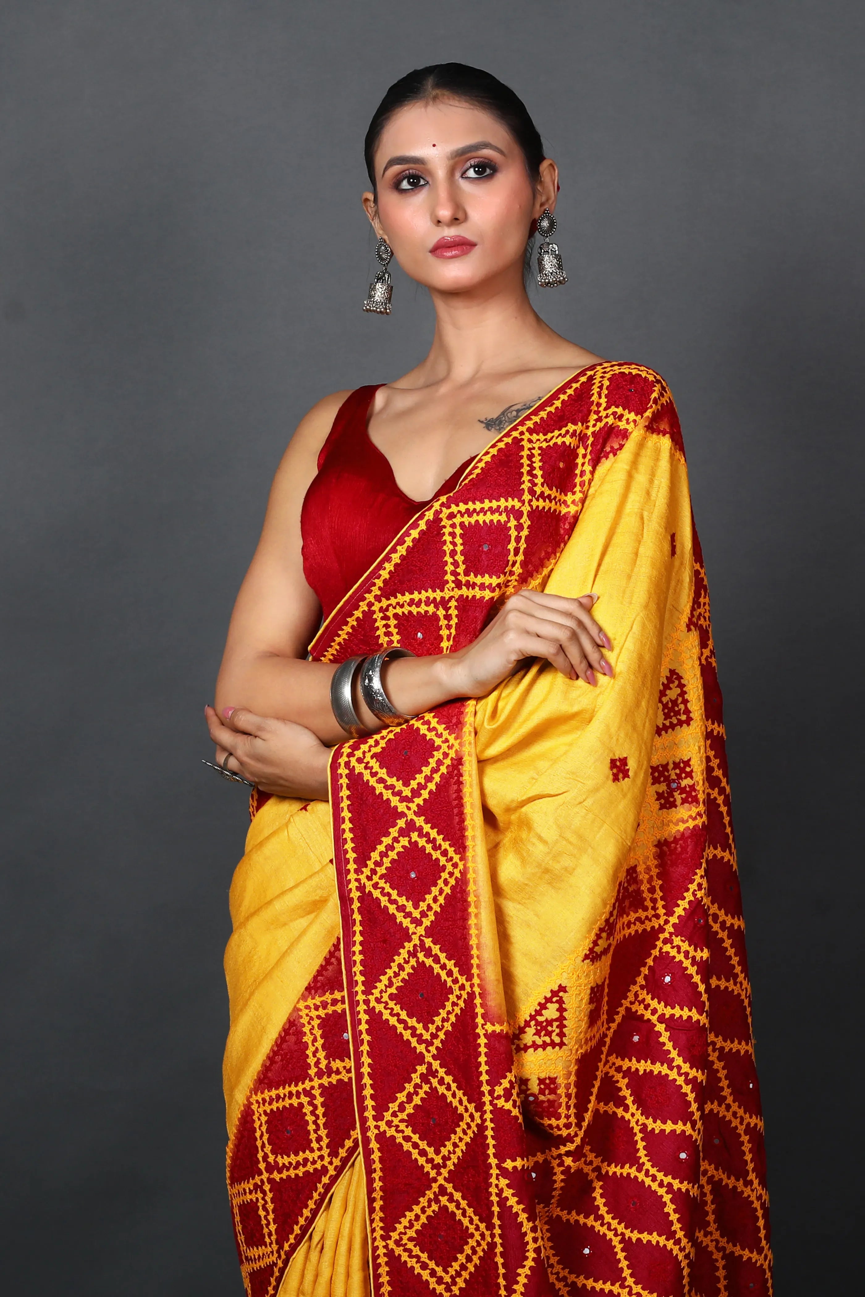 Red Yellow Tussar Hand Saree With Blouse Piece