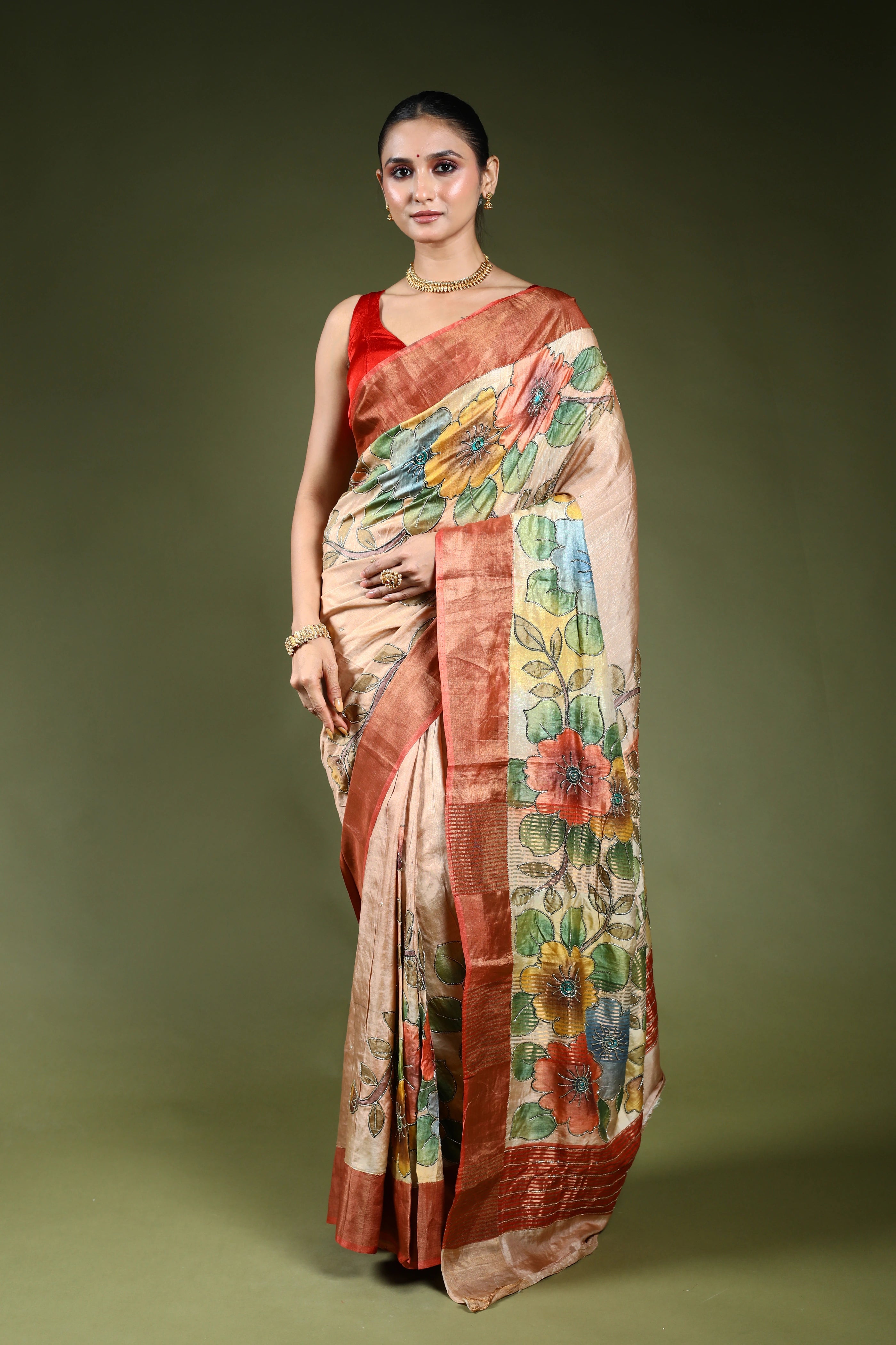 Beige Tussar Cutdana Embroidery Saree With Blouse Piece