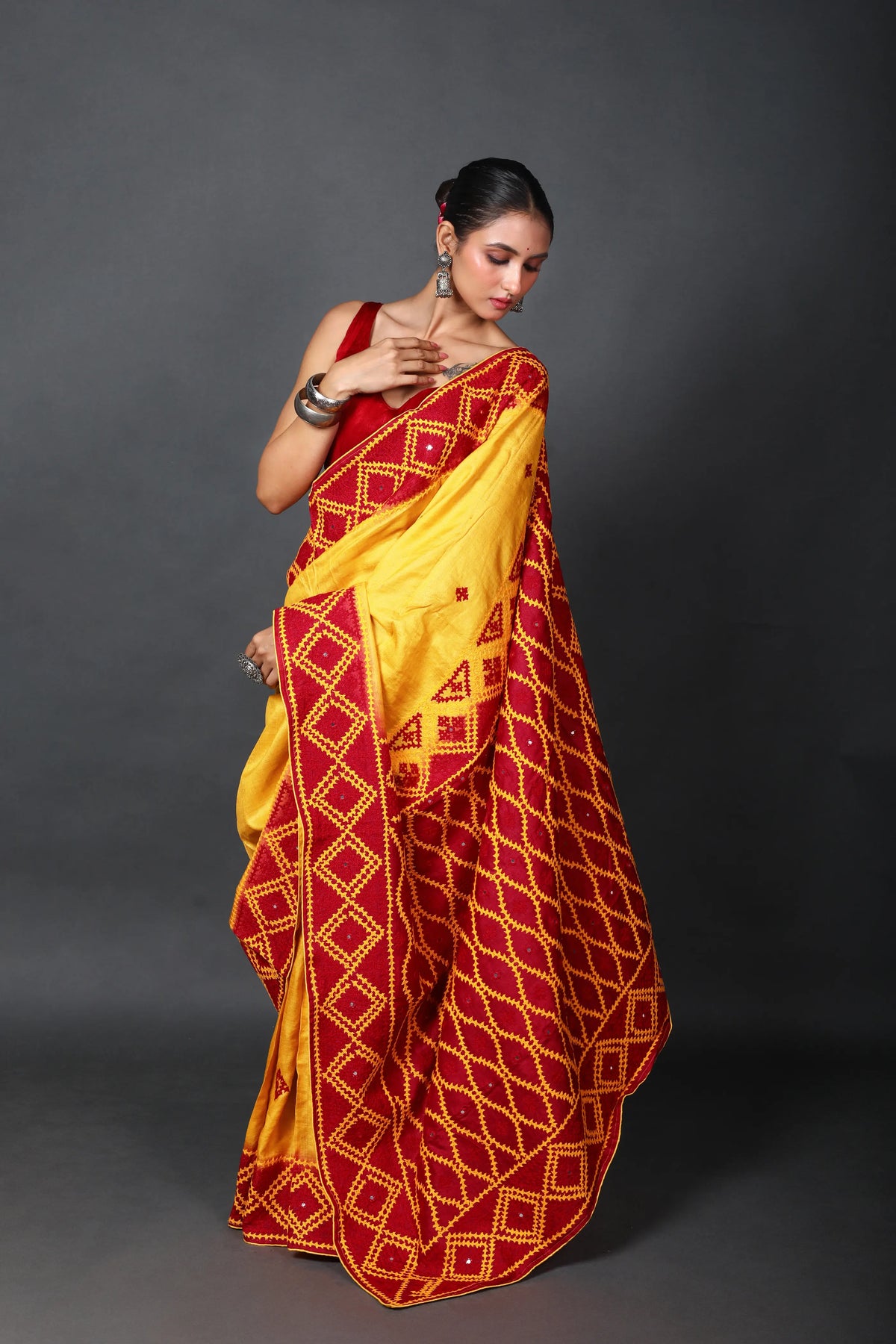 Red Yellow Tussar Hand Saree With Blouse Piece