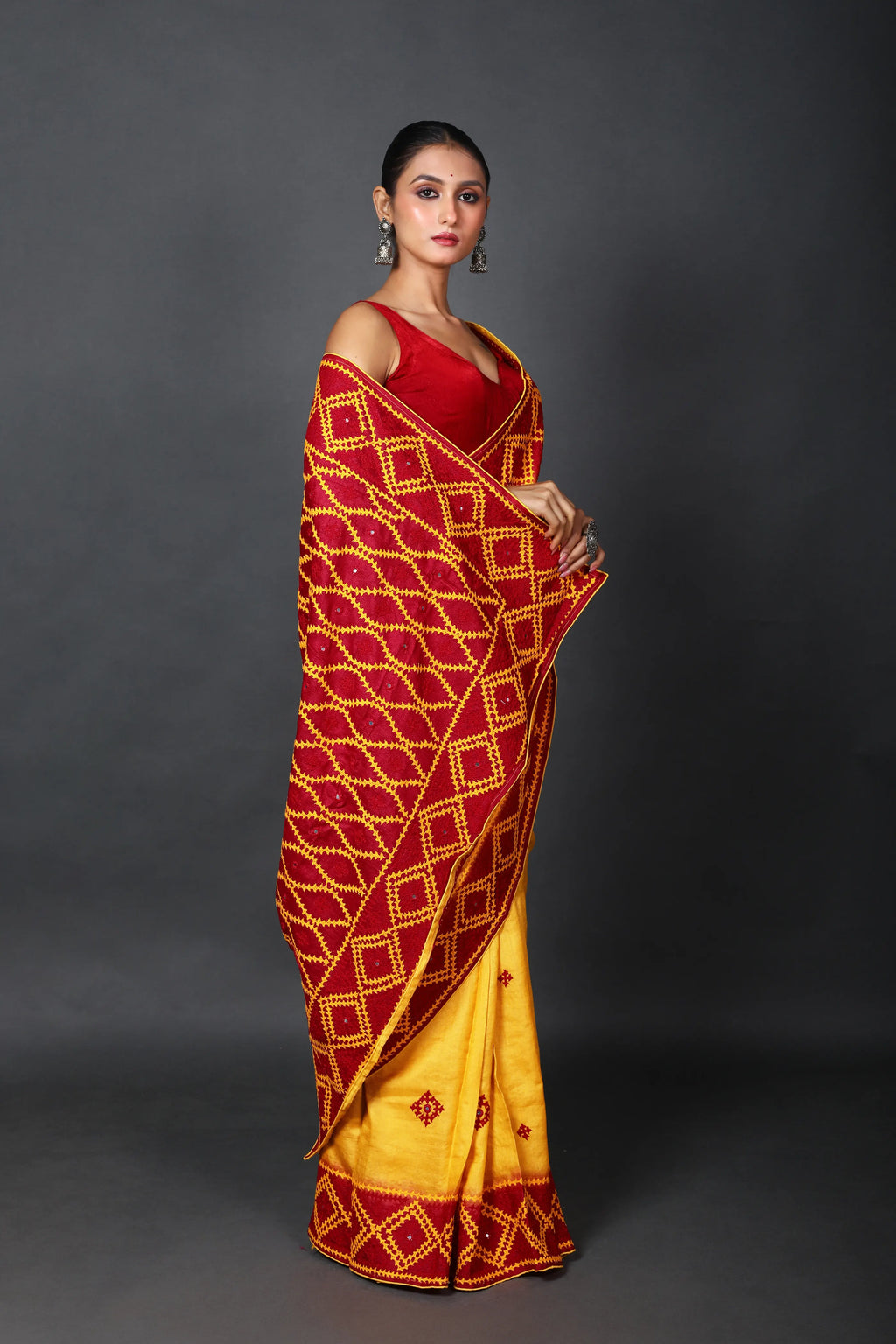 Red Yellow Tussar Hand Saree With Blouse Piece