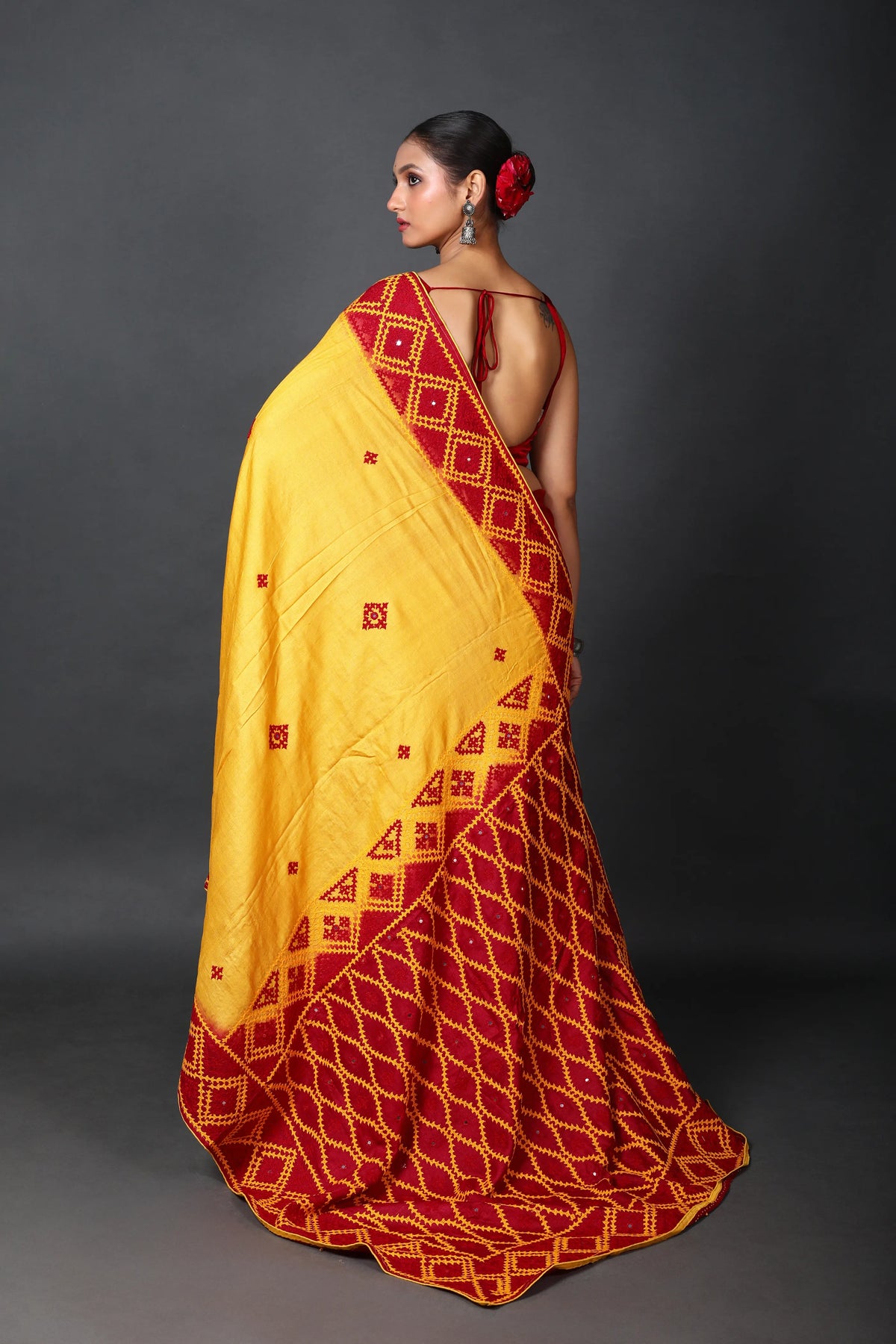 Red Yellow Tussar Hand Saree With Blouse Piece