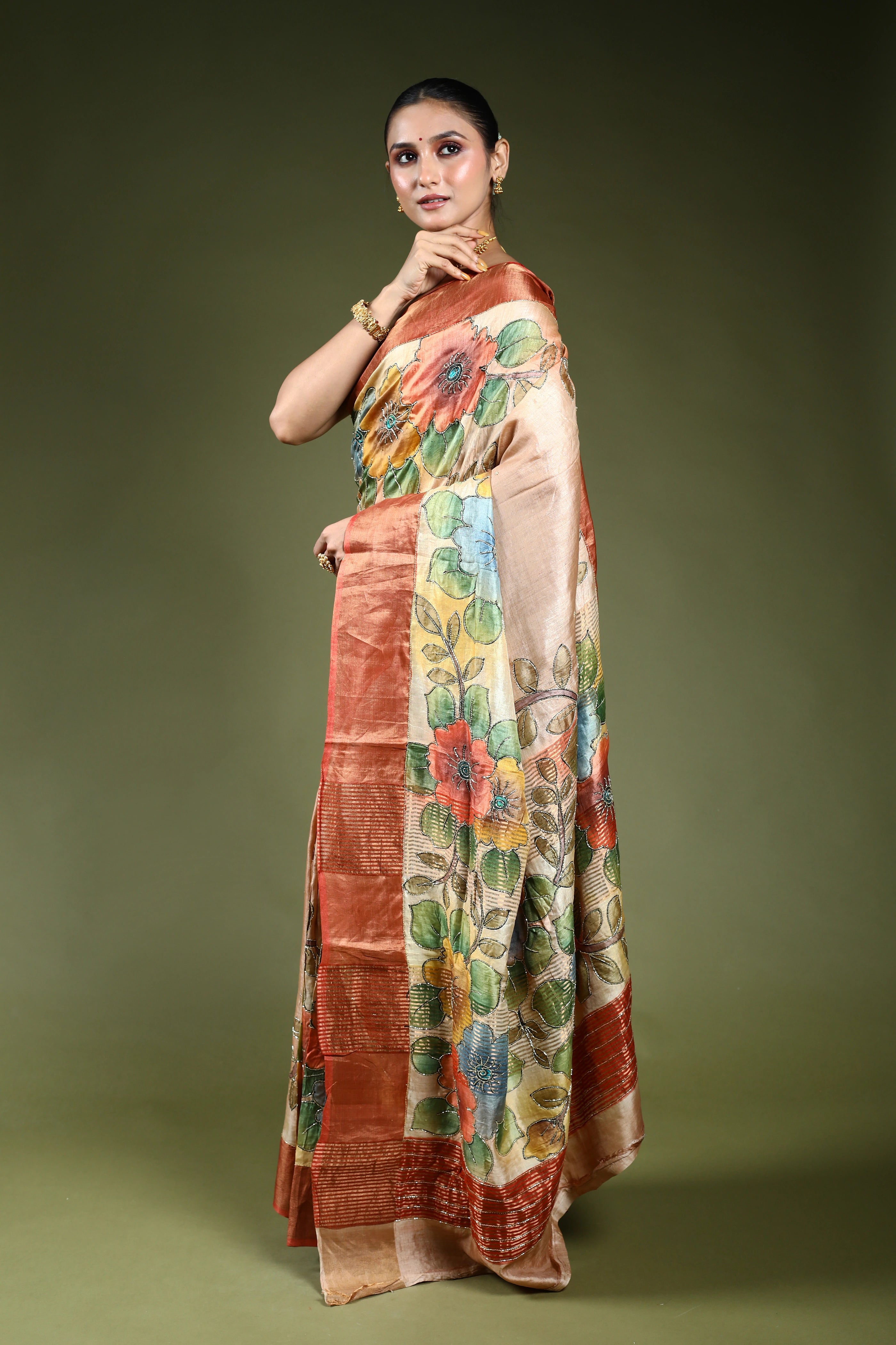 Beige Tussar Cutdana Embroidery Saree With Blouse Piece